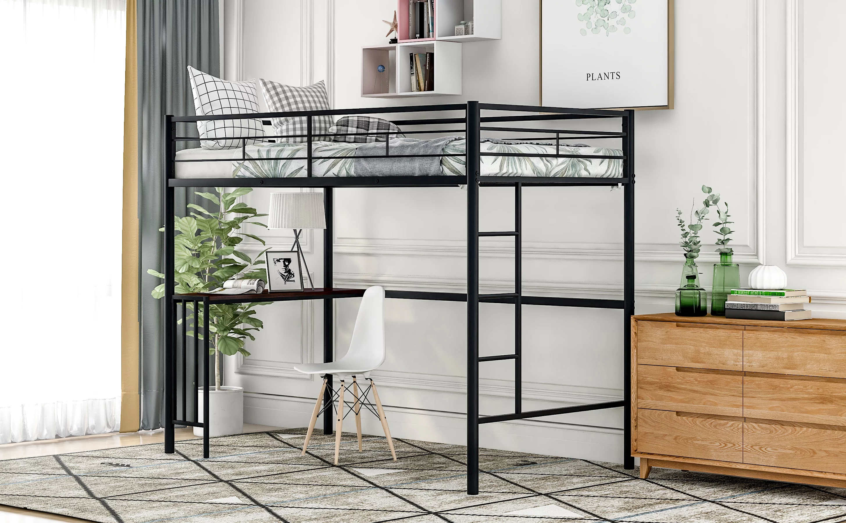 Dcenta Twin Metal Bunk Bed with Desk, Ladder and Guardrails, Loft Bed for Bedroom, Black