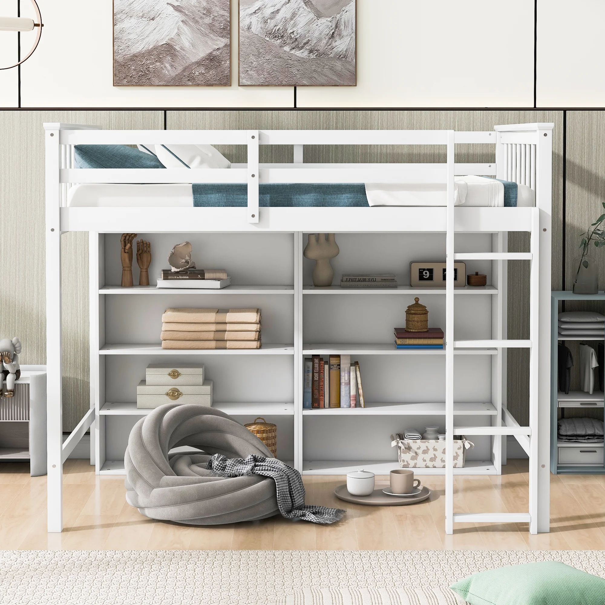 Twin Size Loft Bed with 8 Open Storage Shelves and Built-in Ladder, White