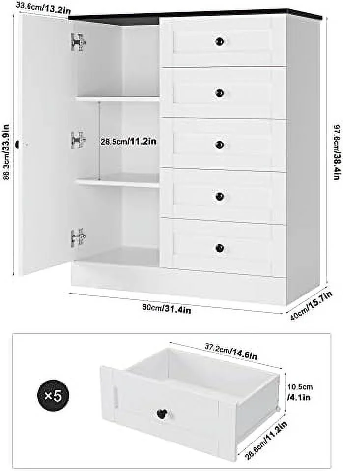 RUNFAYBIU 5 Drawer Dresser with Door  White  Cabinet with Drawers and Shelves  Wide Wood Dresser  Modern Chest of Drawers Organizers for Living Room  Kitchen  Hallway (White/Black  2 PCS)