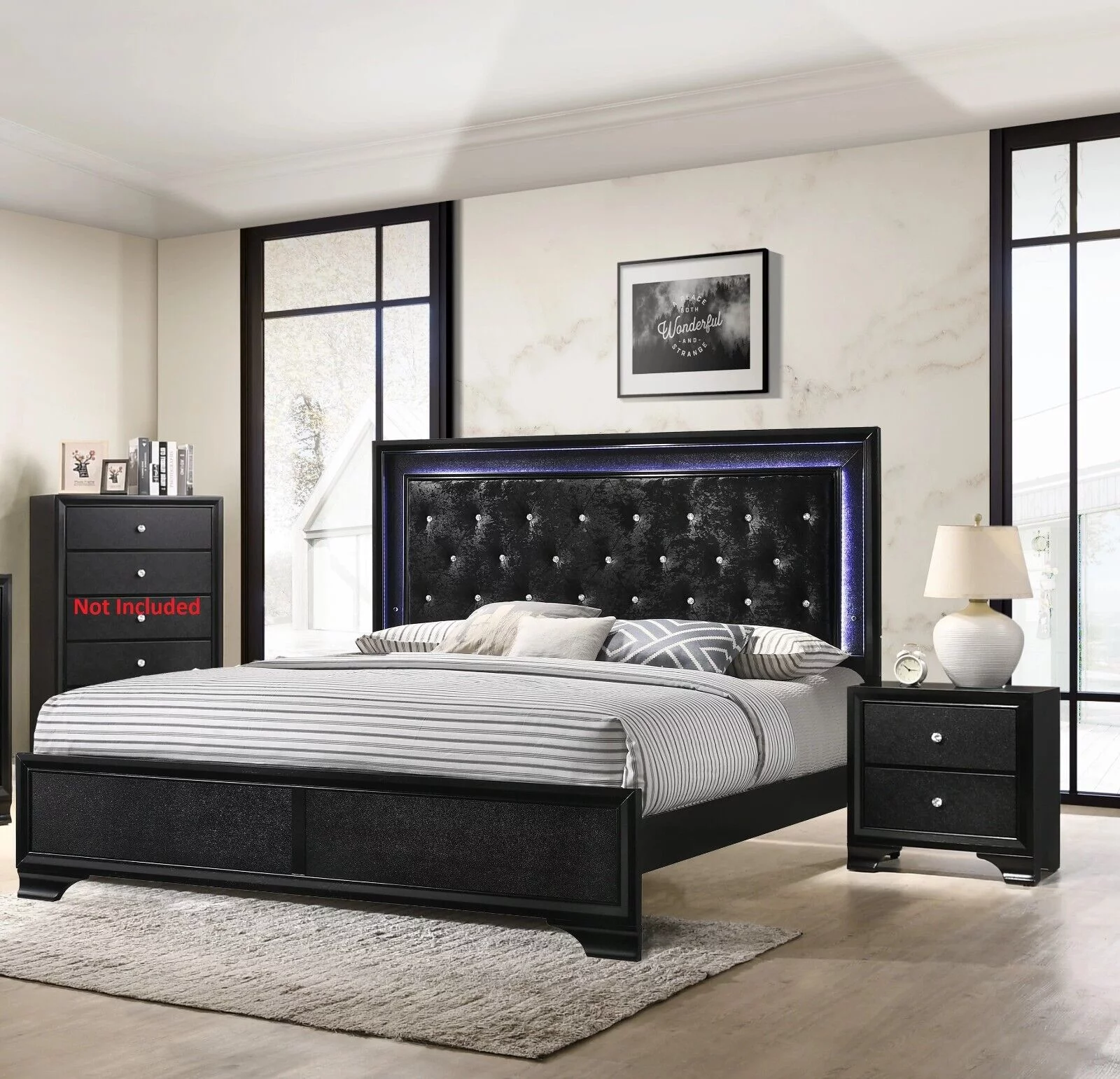 3pc Modern Glam Style King Size Upholstery LED Bed and Nightstands Bedroom Set Wooden Furniture Black