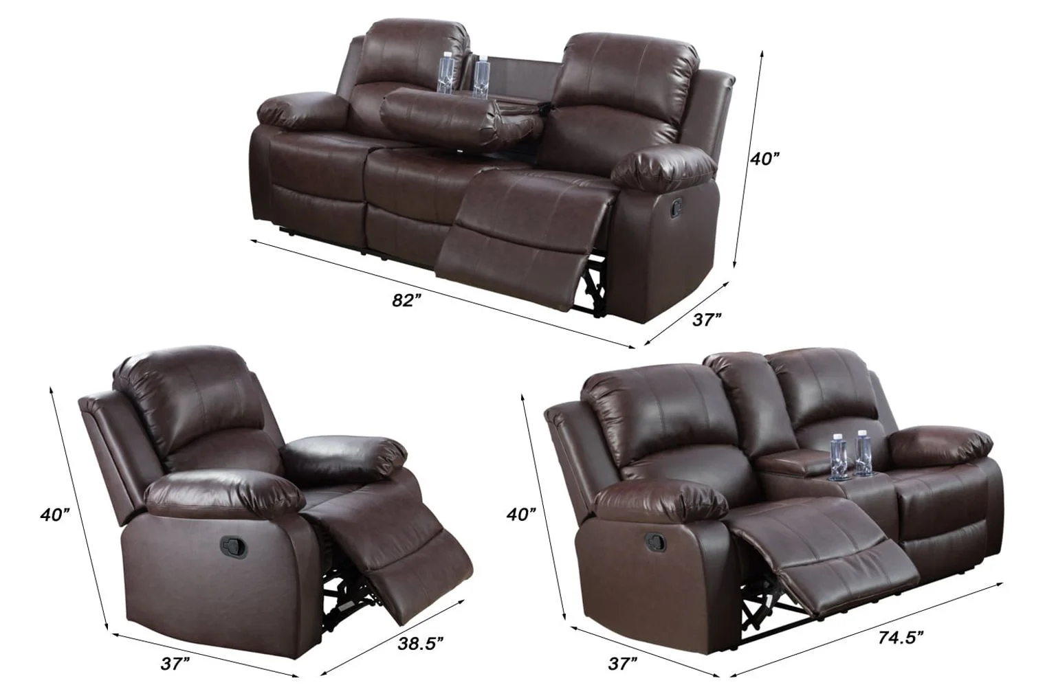 Ainehome 3-Pieces Recliner Sectional Sofa Set with 2 Cup Holder Console,Brown Bonded Leather