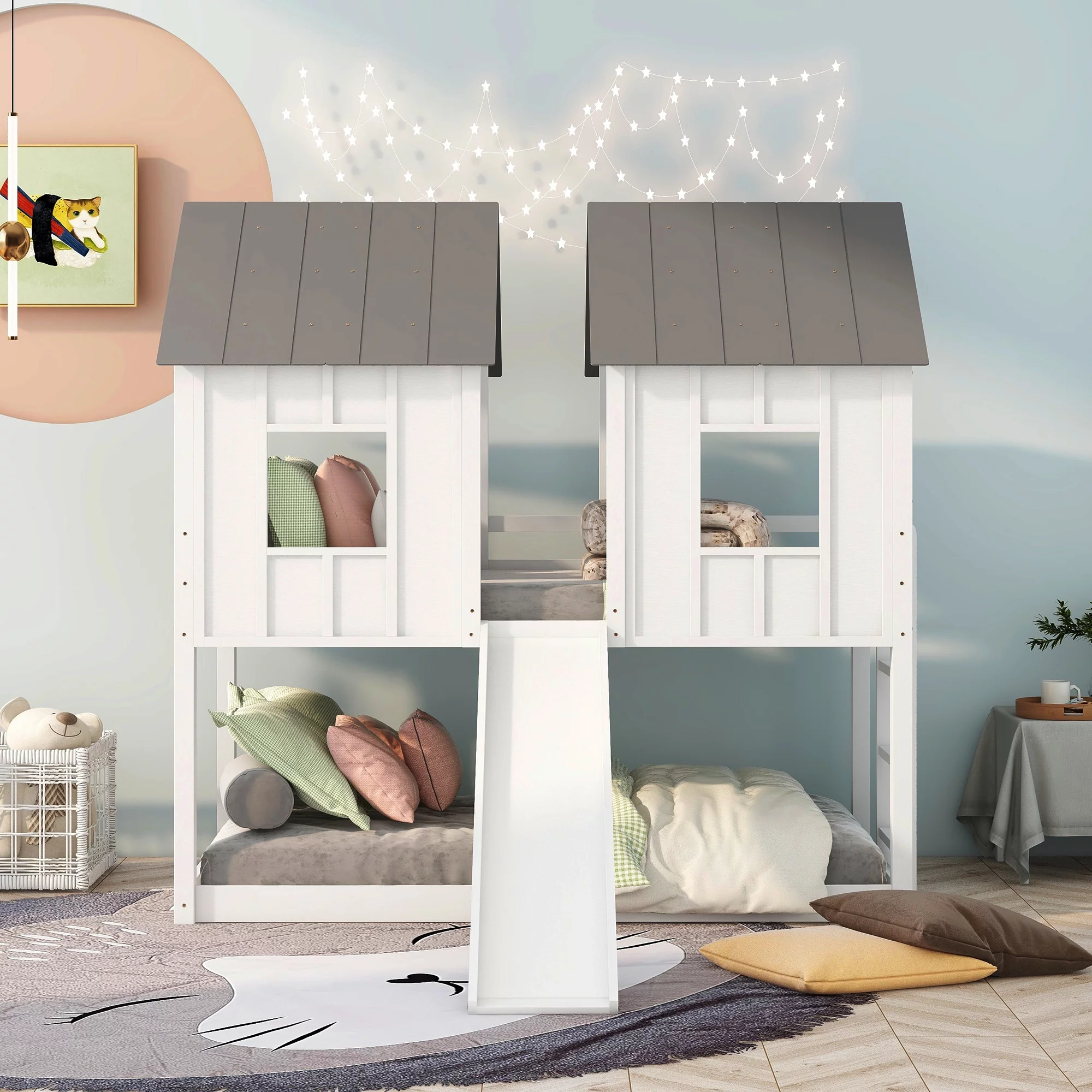 Bellemave Twin over Twin House Bunk Bed with Slide, Kids Bunk Bed with Roof and Windows, Tree House Bunk Bed for Boys & Girls (White+Gray)
