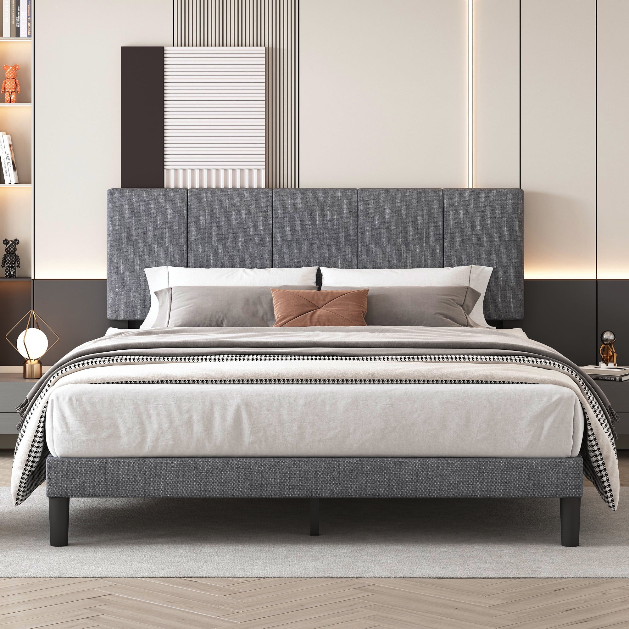 SYNGAR Queen Size Fabric Upholstered Platform Bed Frame with Elegant Headboard for Bedroom, No Box Spring Needed, Easy Assembly, Gray