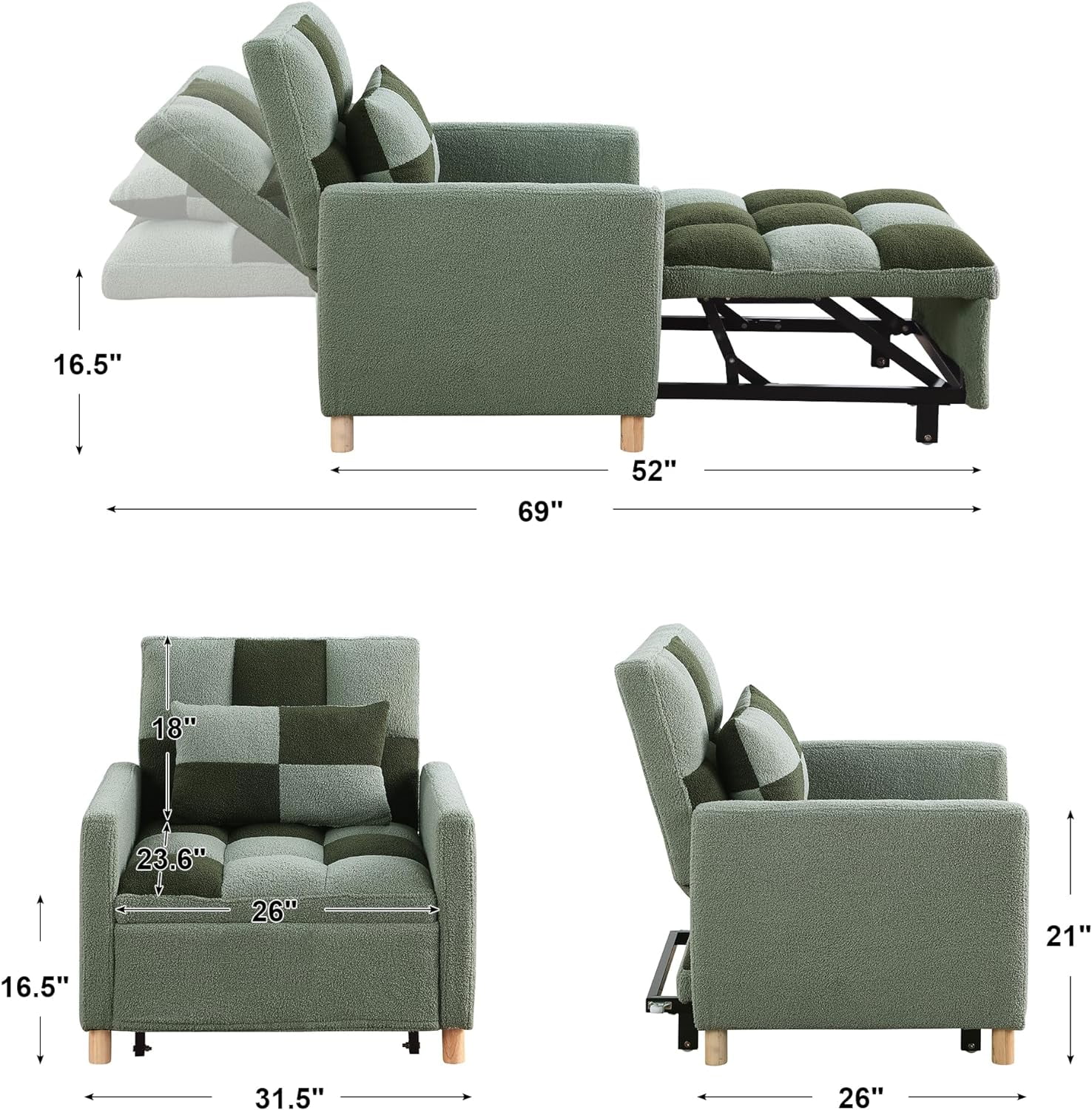 Convertible Sleeper Sofa Chair Bed, Adjustable Chair With Pillow, Multi-Functional Sleeper Chair With Soft Teddy Fabric For Living Room, Dorm, Apartment, Bedroom Or Office, Green