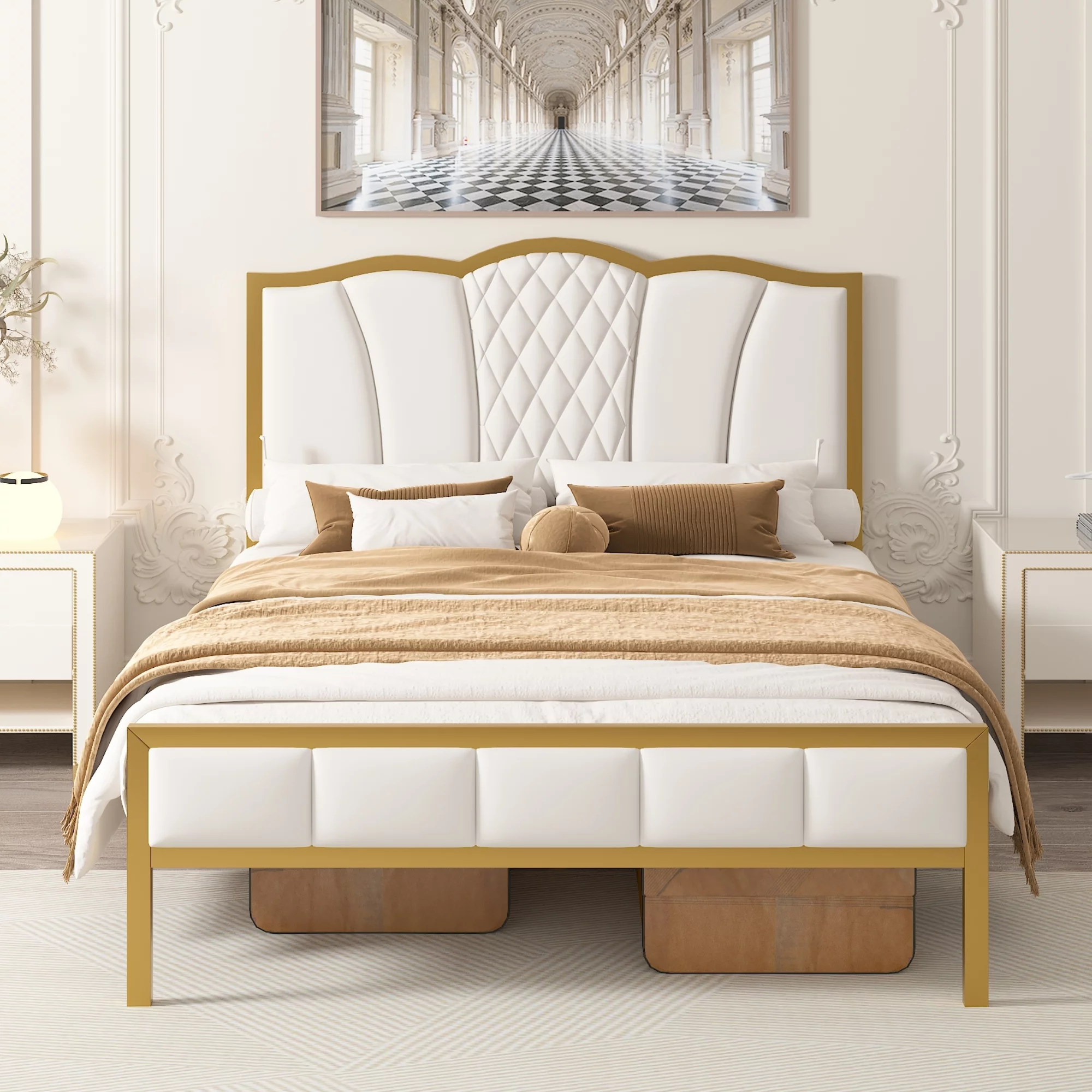 Full Size Bed Frame,Modern Upholstered Bed Frame with Tufted Headboard,Golden Metal Platform Bed Frame with Wood Slat Support,No Box Spring Needed Beige