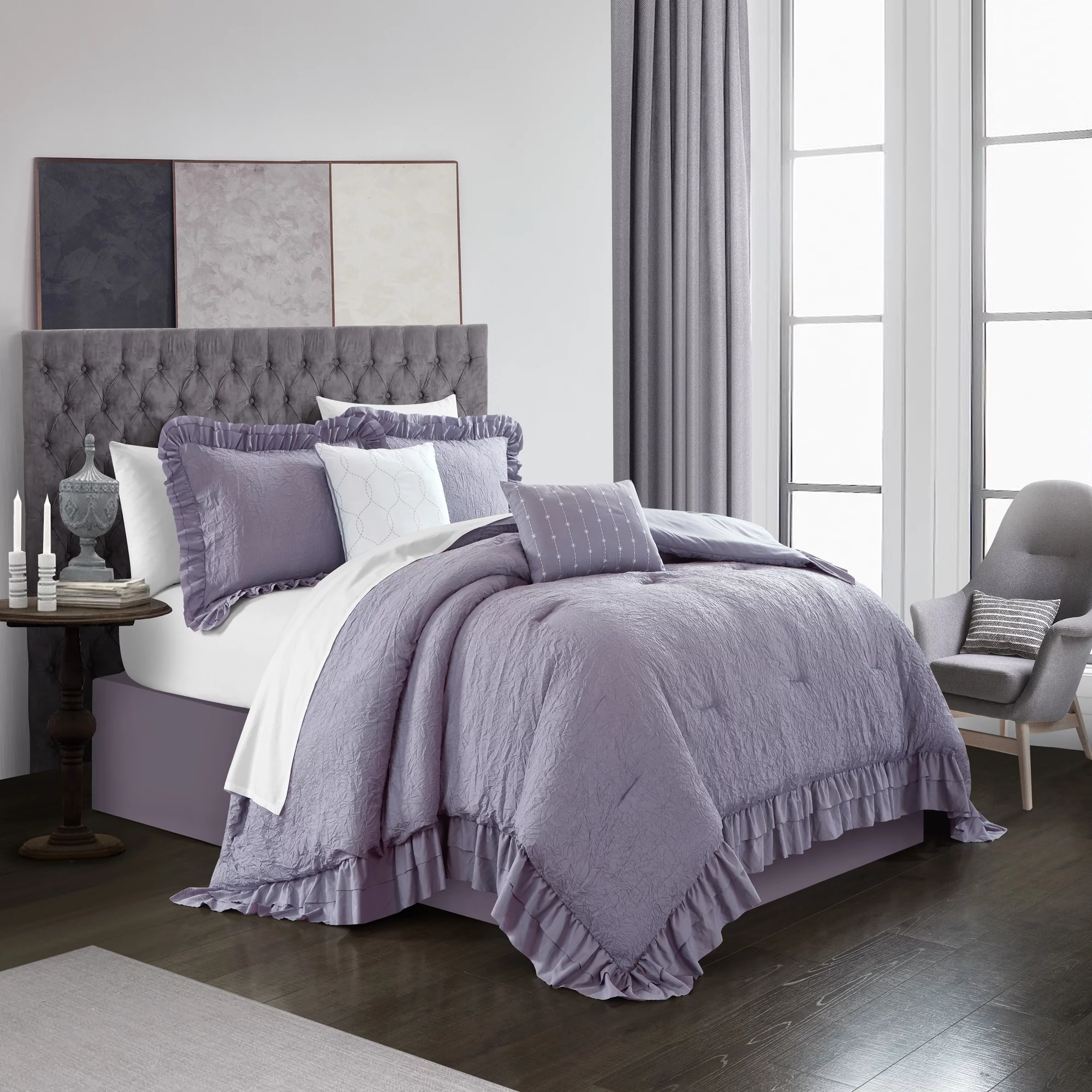 Chic Home Kensley Comforter Set Washed Crinkle Ruffled Flange Border Design Bed In A Bag Lavender, Twin X-Long