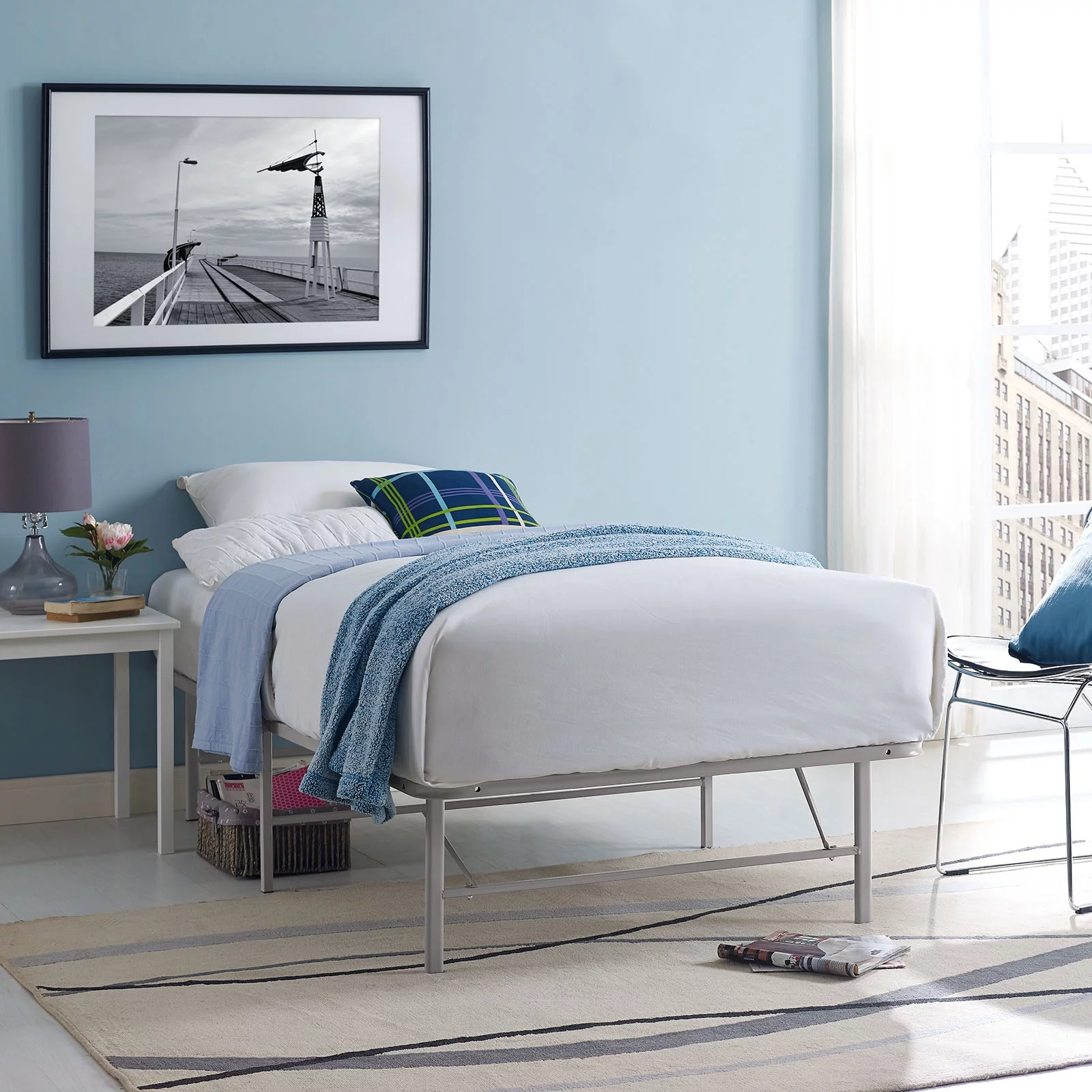 Modern Contemporary Urban Design Bedroom Twin Size Platform Bed Frame, Grey Gray, Metal Steel