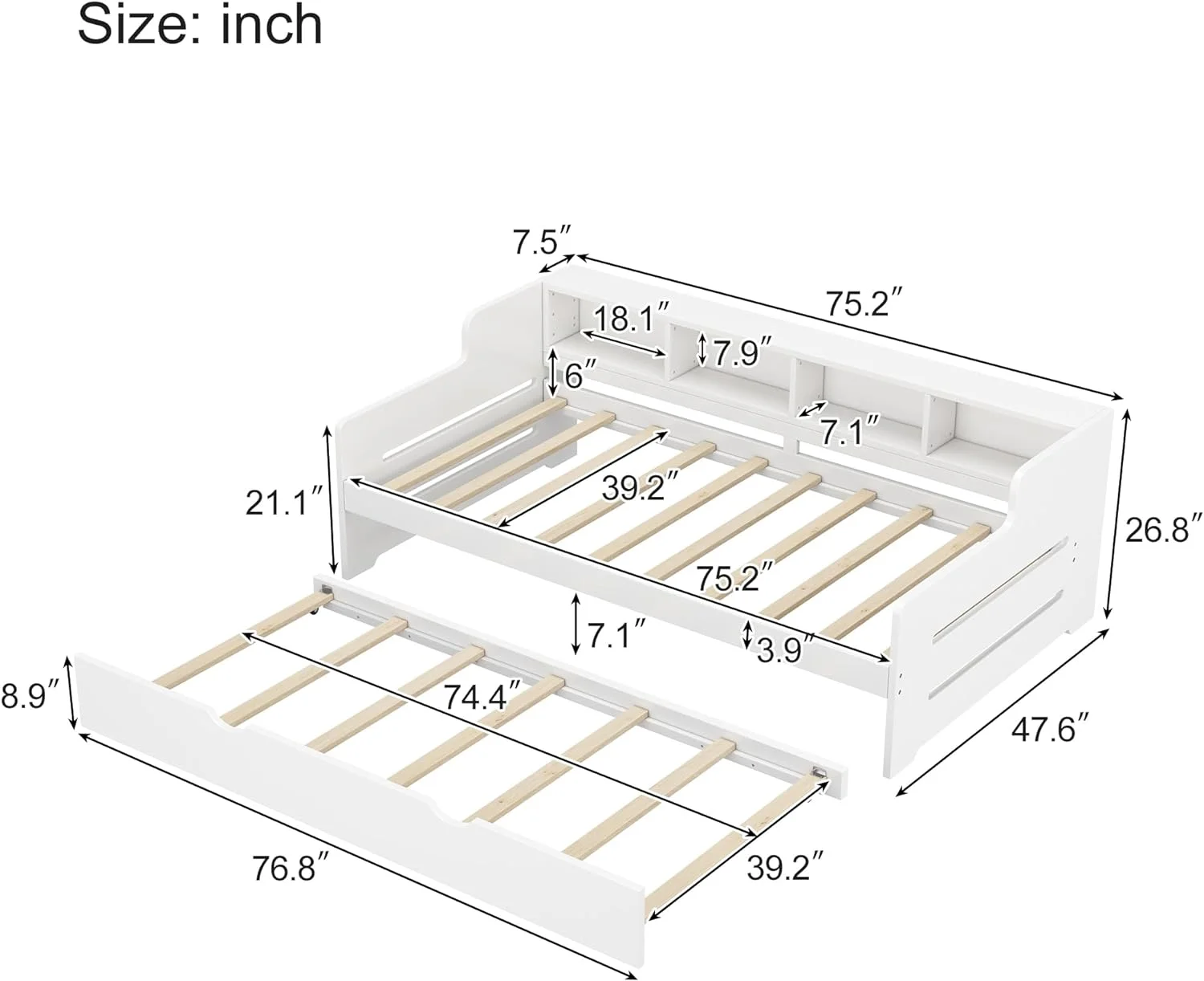 Size Daybed With Trudle, Wood Daybed With Bookcase Headboard, Platform Bed With Storage Shelves Ad Trudle For Kids Tees Adults, White