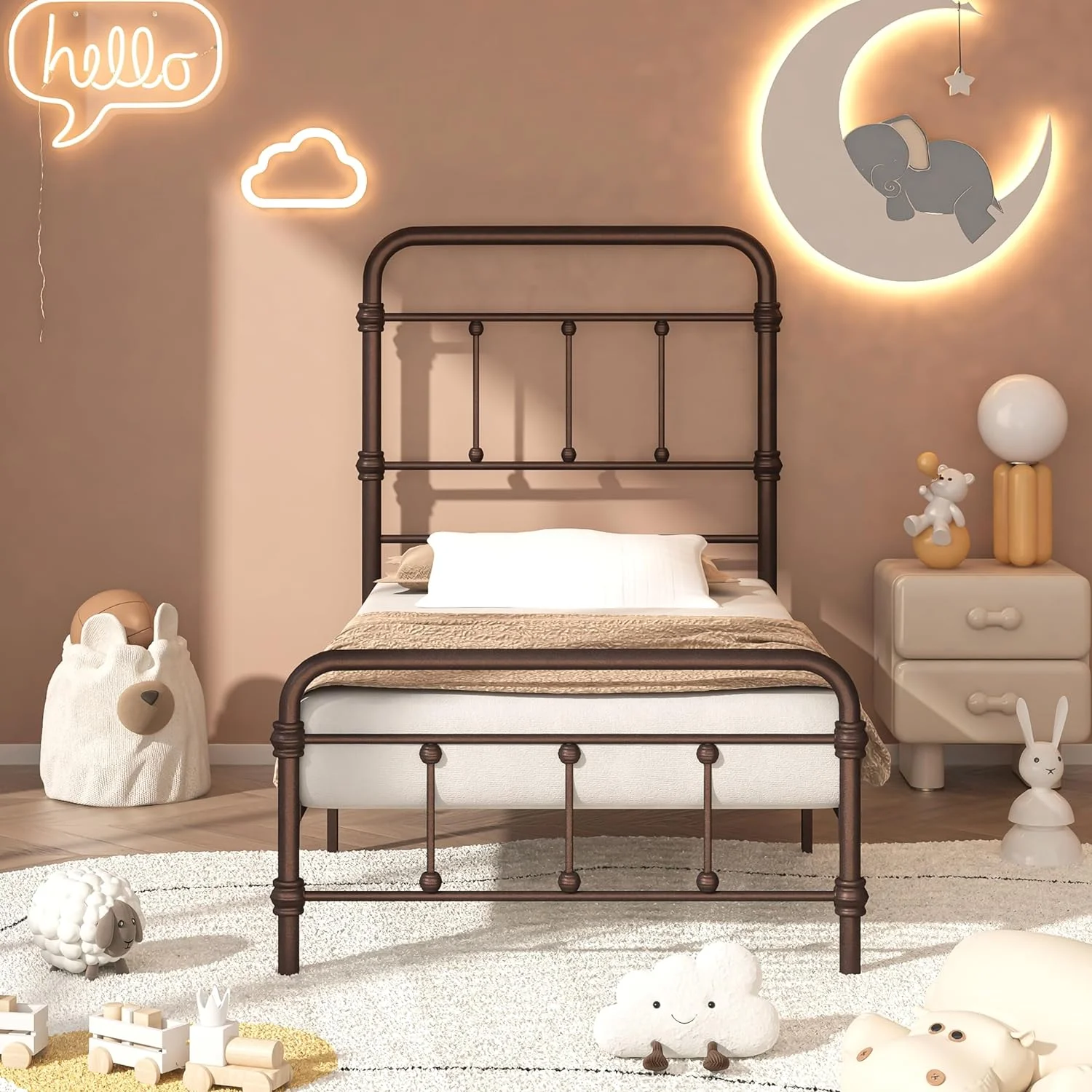 YGDU TwinXL-Size-Bed-Frame-with-High-Headboard - Metal Bed Frame No Box Spring Needed(Bronze,49 inch Headboard)