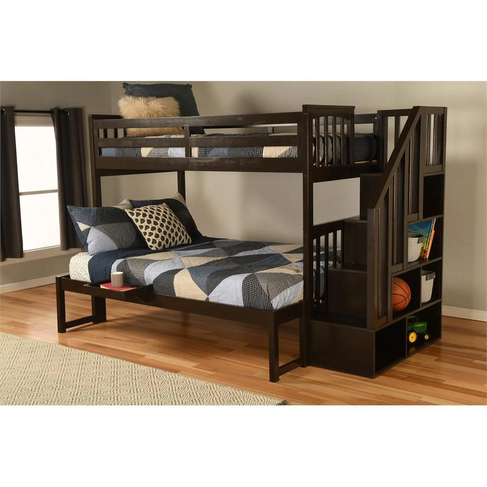 Kelcie Twin/Full Wood Bunk Bed with Storage and Tray in Dark Chocolate Brown