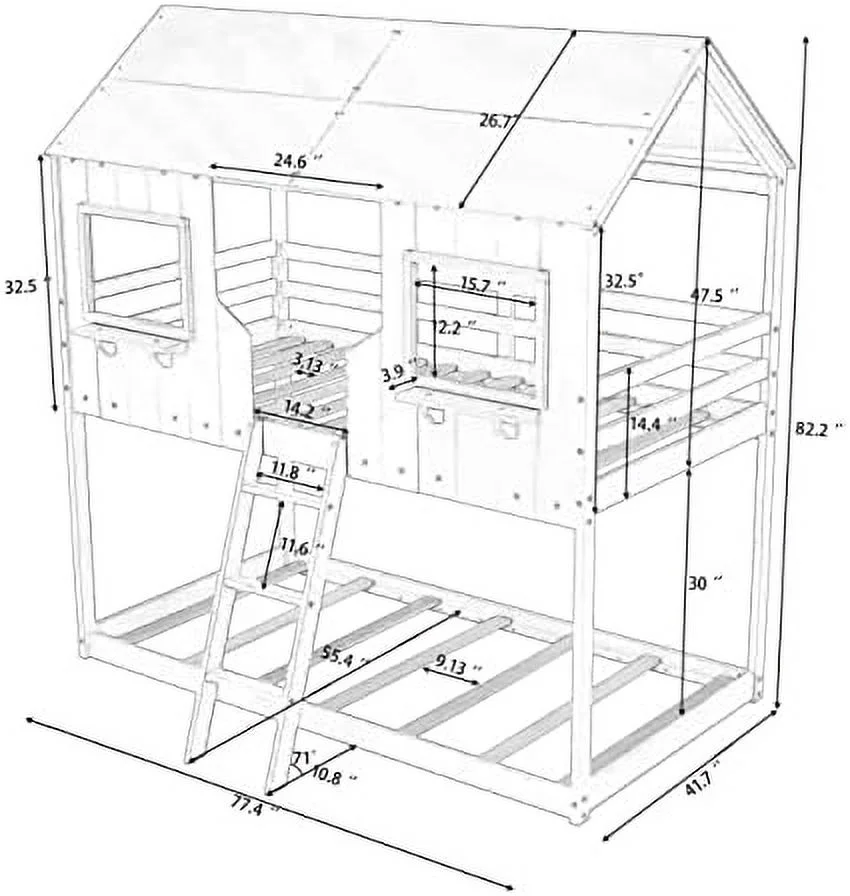 xrboomlife Twin-Over-Twin Wooden House Bed  Bunk Bed with Playhouse  Farmhouse  Ladder and Guardrails/Grey