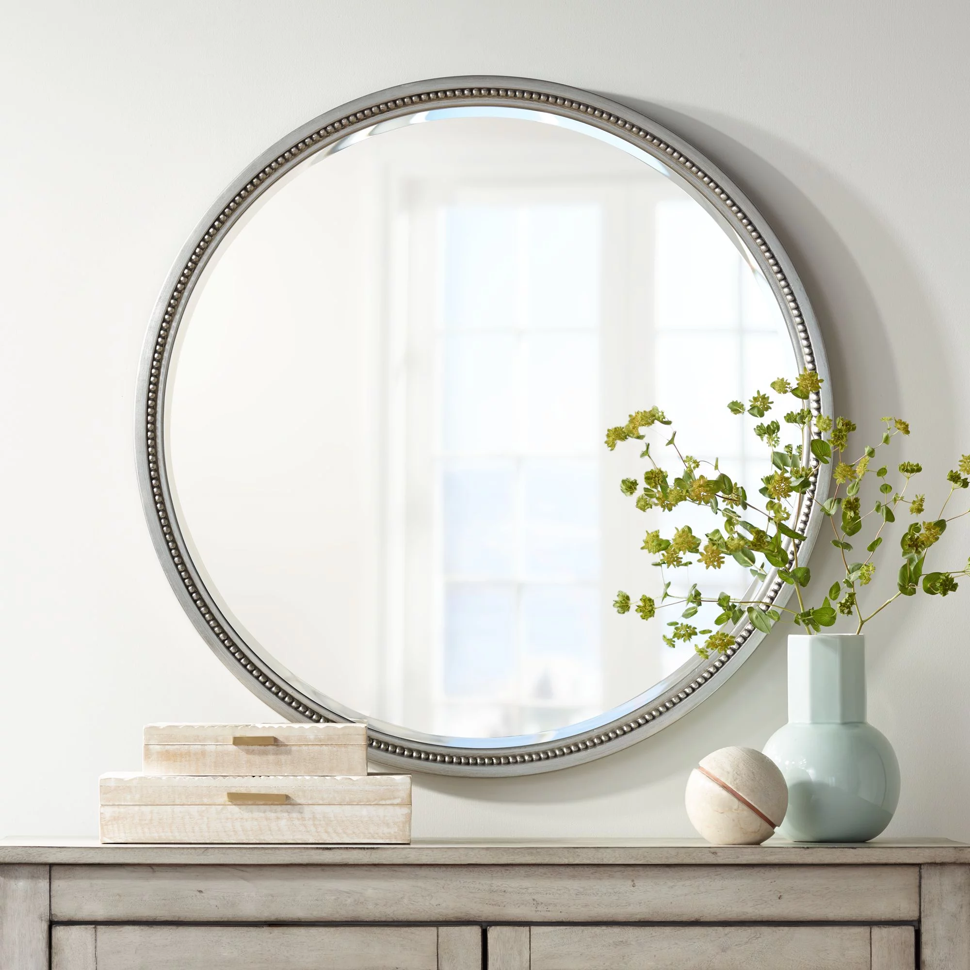 Noble Park Lorraine Round Vanity Decorative Wall Mirror Modern Beveled Beaded Trim Silver Wood Frame 32 3/4