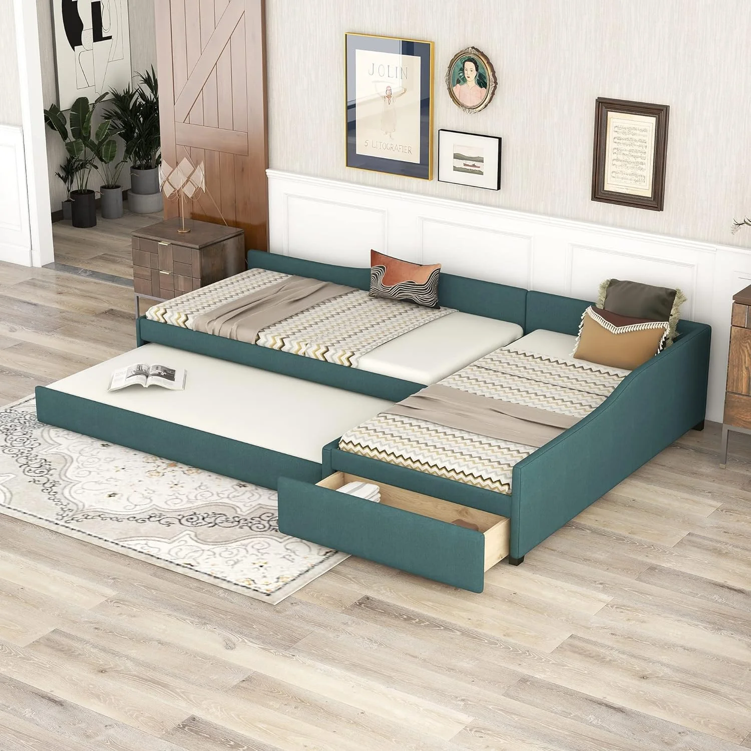 Upholstered L-Shaped 2 Beds With Trudle Ad Storage Drawer, Wood Lie Corer Bed For Kids Girls Boys Tees Bedroom, Gree