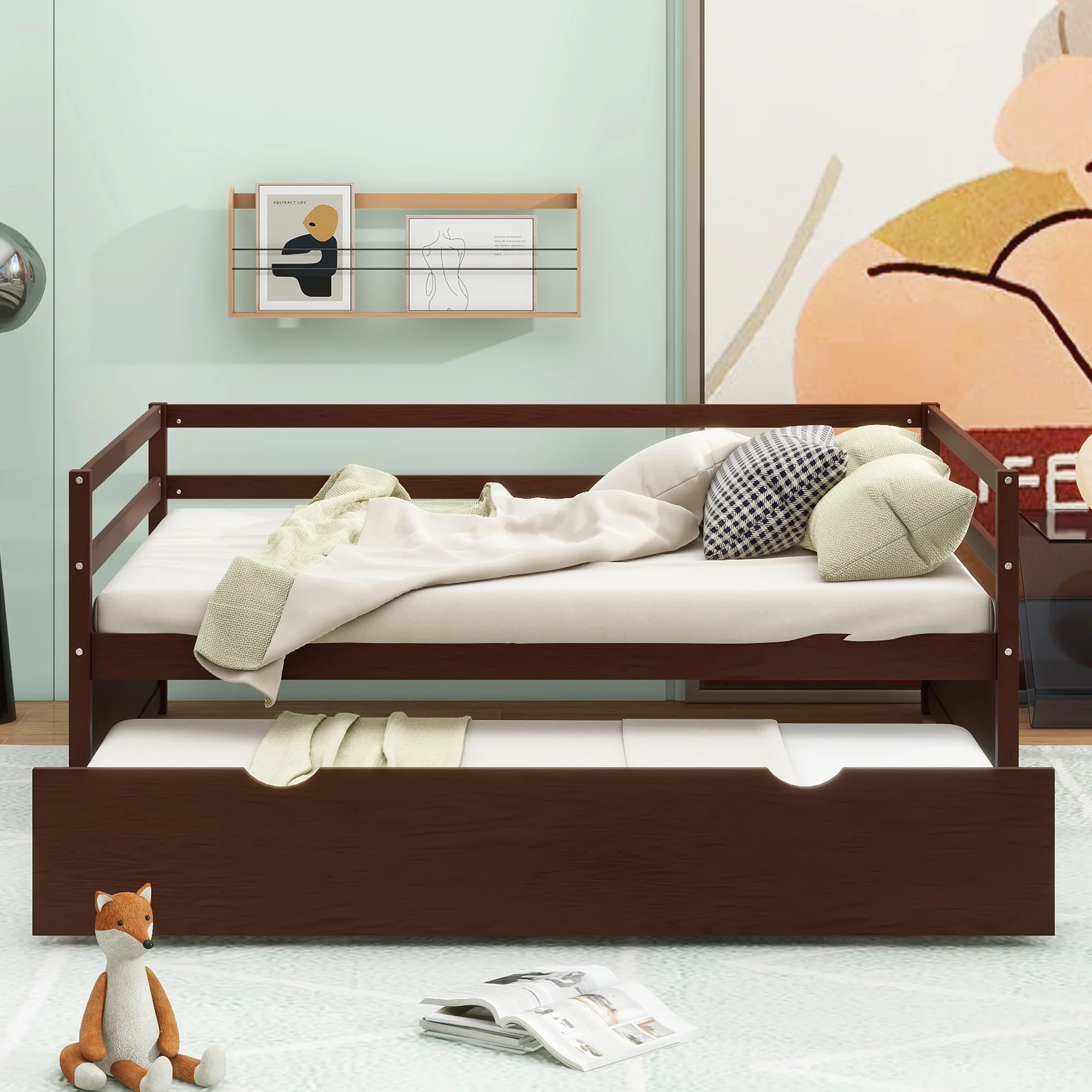Euroco Twin Size Daybed with Twin Trundle Bed for Kids Teens Adults, Espresso