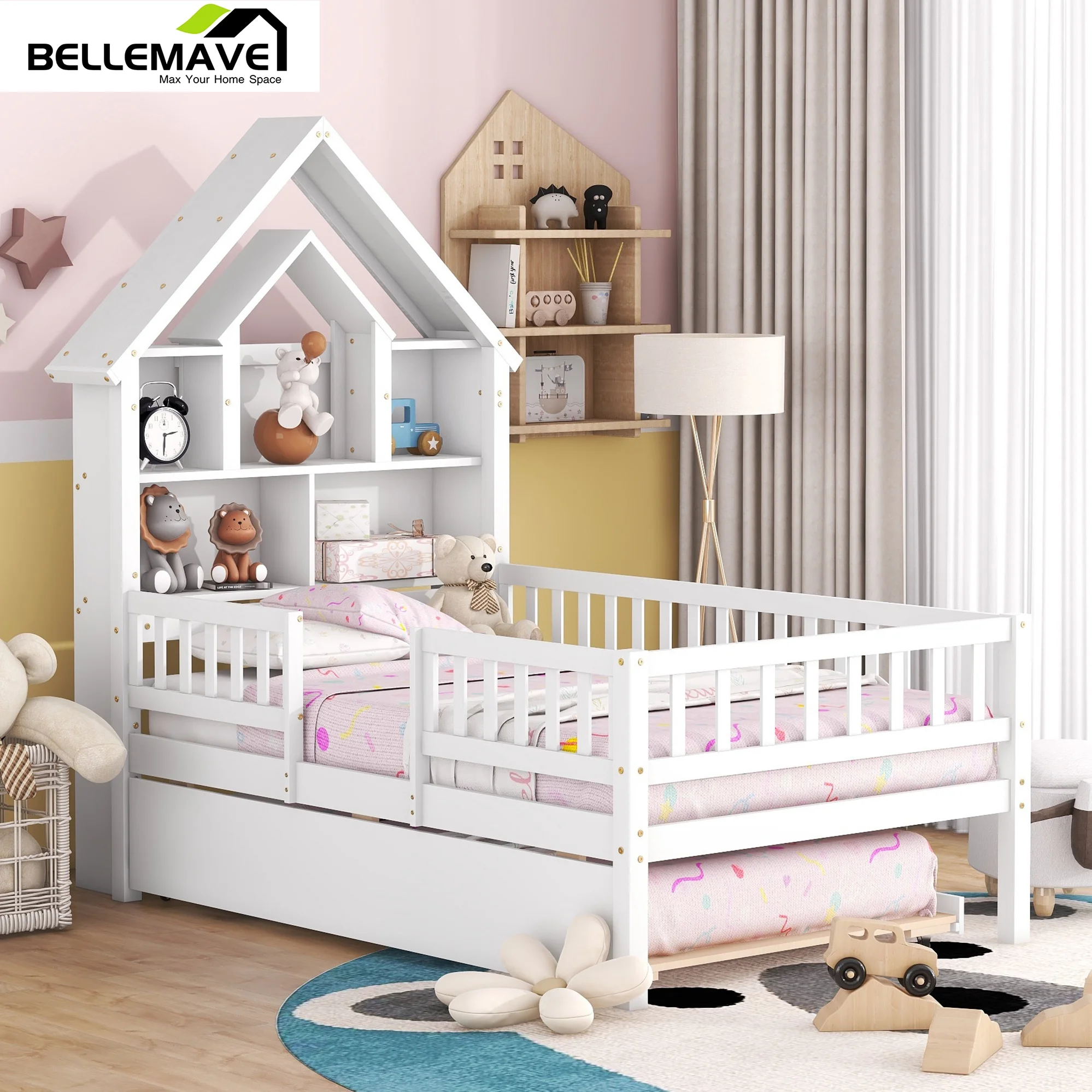 Bellemave Twin Size Platform Bed with Trundle, Wooden Bed with House-Shaped Headboard and Fence Guardrails for Twin Bed Frame with Bookcase Headboard for Kids,Boys, Girls (White)