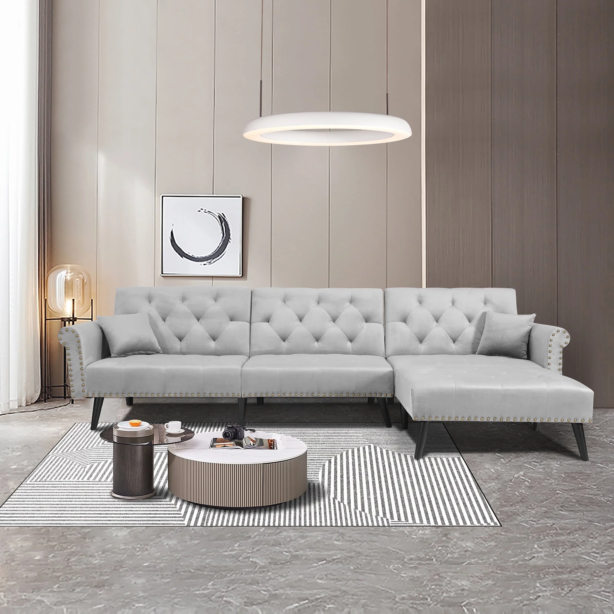 BSHTI 115 inch Stylish Minimalist Sectional Sofa Couch,Velvet Sleeper Futon bed with Reversible Chaise for Living Room(Light Gray)