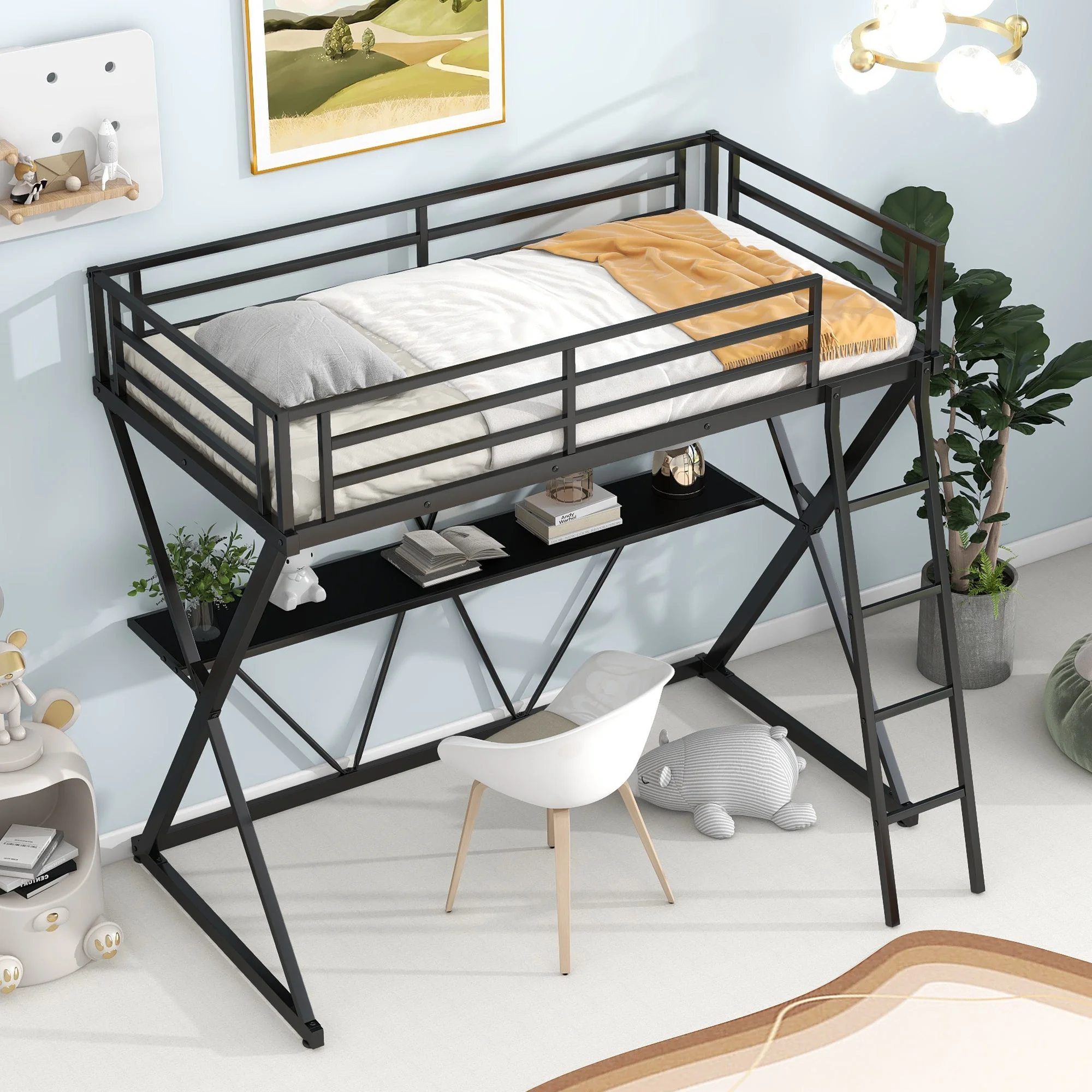 Twin Size Loft Bed with Desk, Ladder and Full-Length Guardrails, X-Shaped Frame, Black(Expected Arrival Time: 8.8)