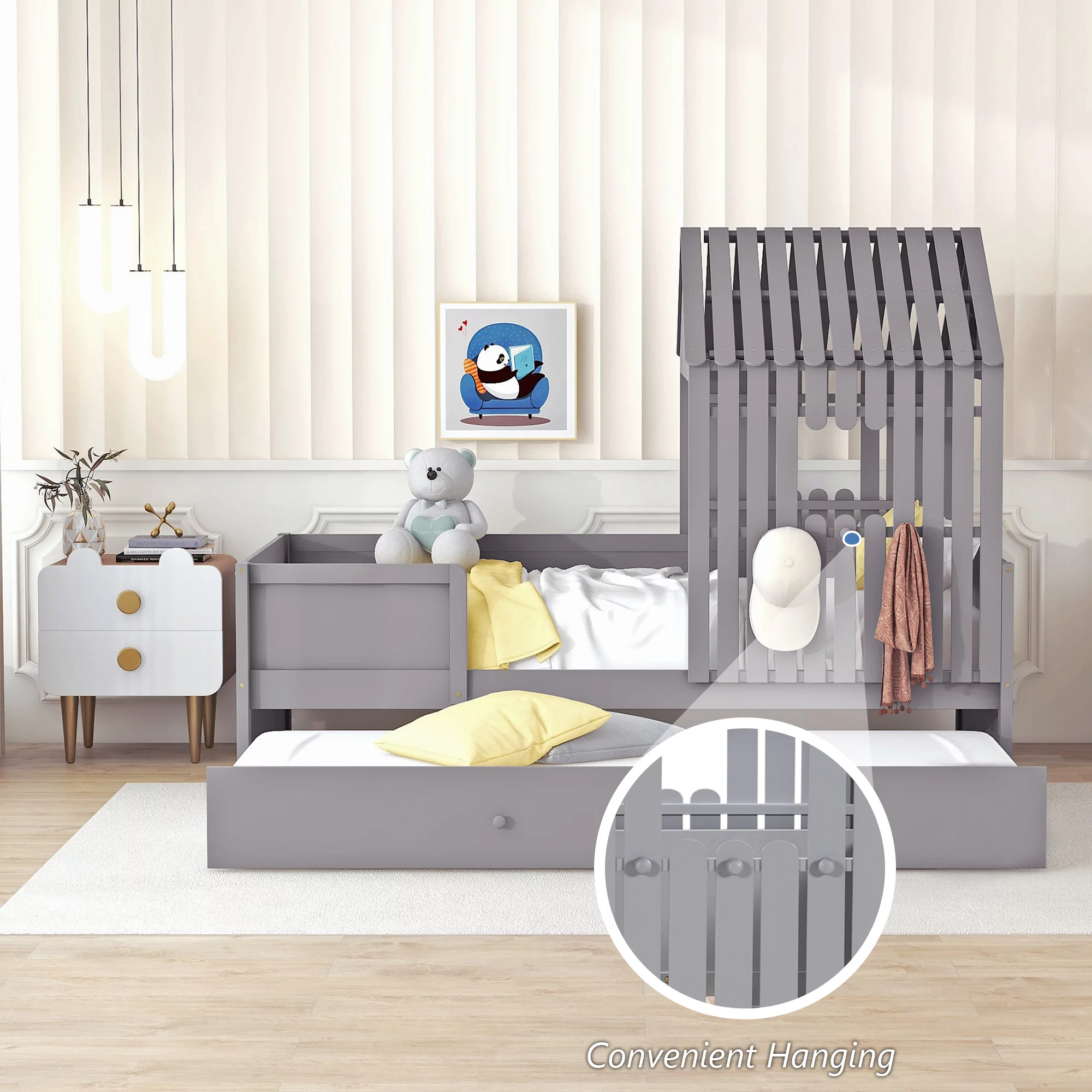 BELLEMAVE Kids Twin House Bed Frame with Twin Size Trundle, Solid Wood Platform Bed with Roof and Window, Playhouse Bed for Girls and Boys, Gray