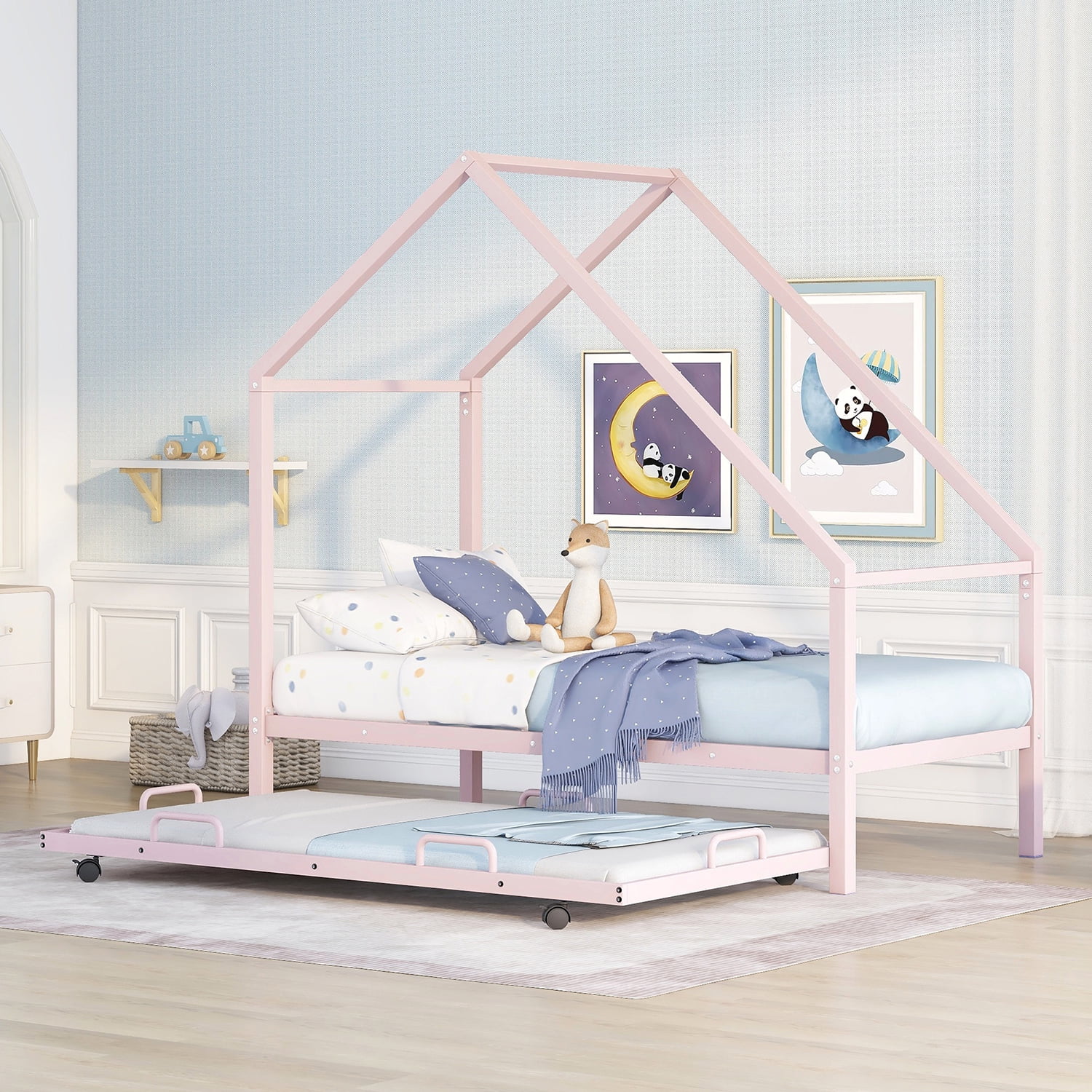 Churanty Twin Size Metal House Bed with Trundle, Metal Bed Frame for Girls Boys Teens,Pink