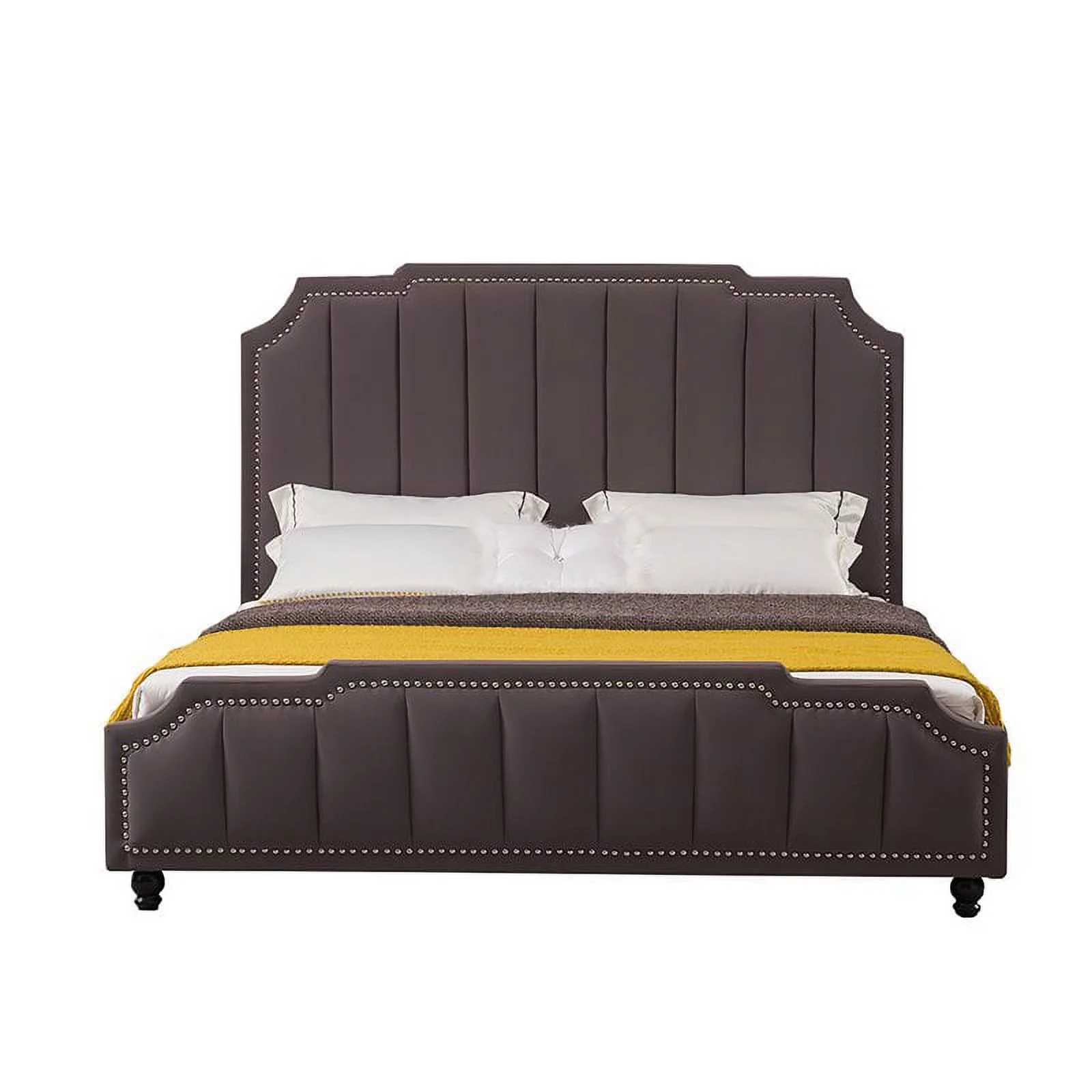 American Eagle Fabric Tufted King Platform Bed with Nailhead Trim in Gray