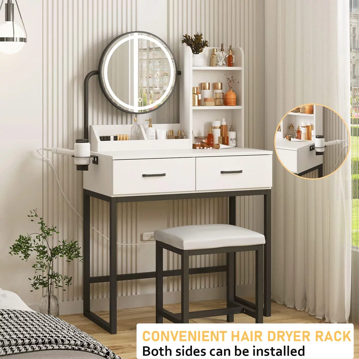 Veanerwood Makeup Vanity Desk with Lights and Round Mirror, Bedroom Vanity Dressing Table Set with Drawers, Hair Rack, Modern, 31.5in, White & Black