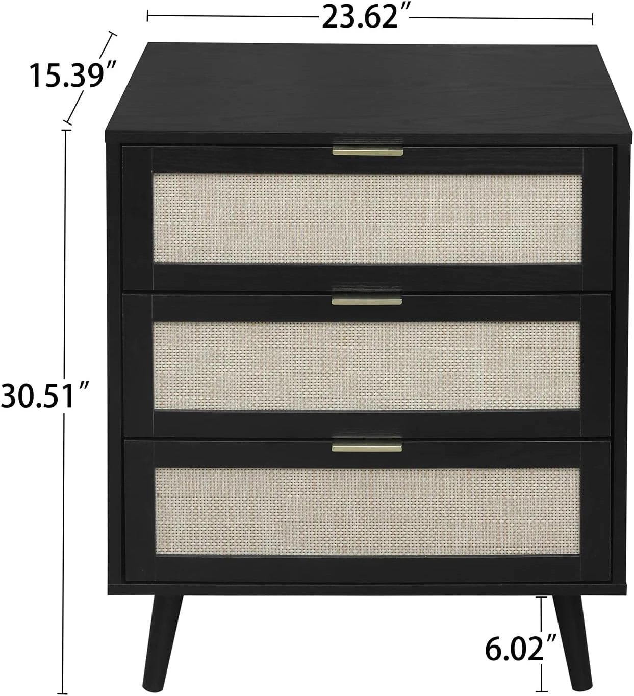 3 Drawer Rattan Dresser for Bedroom, Chest of Drawers, Boho Wood Storage Cabinet, Clothes Organizer, Metal Handles&Wood Legs, Black