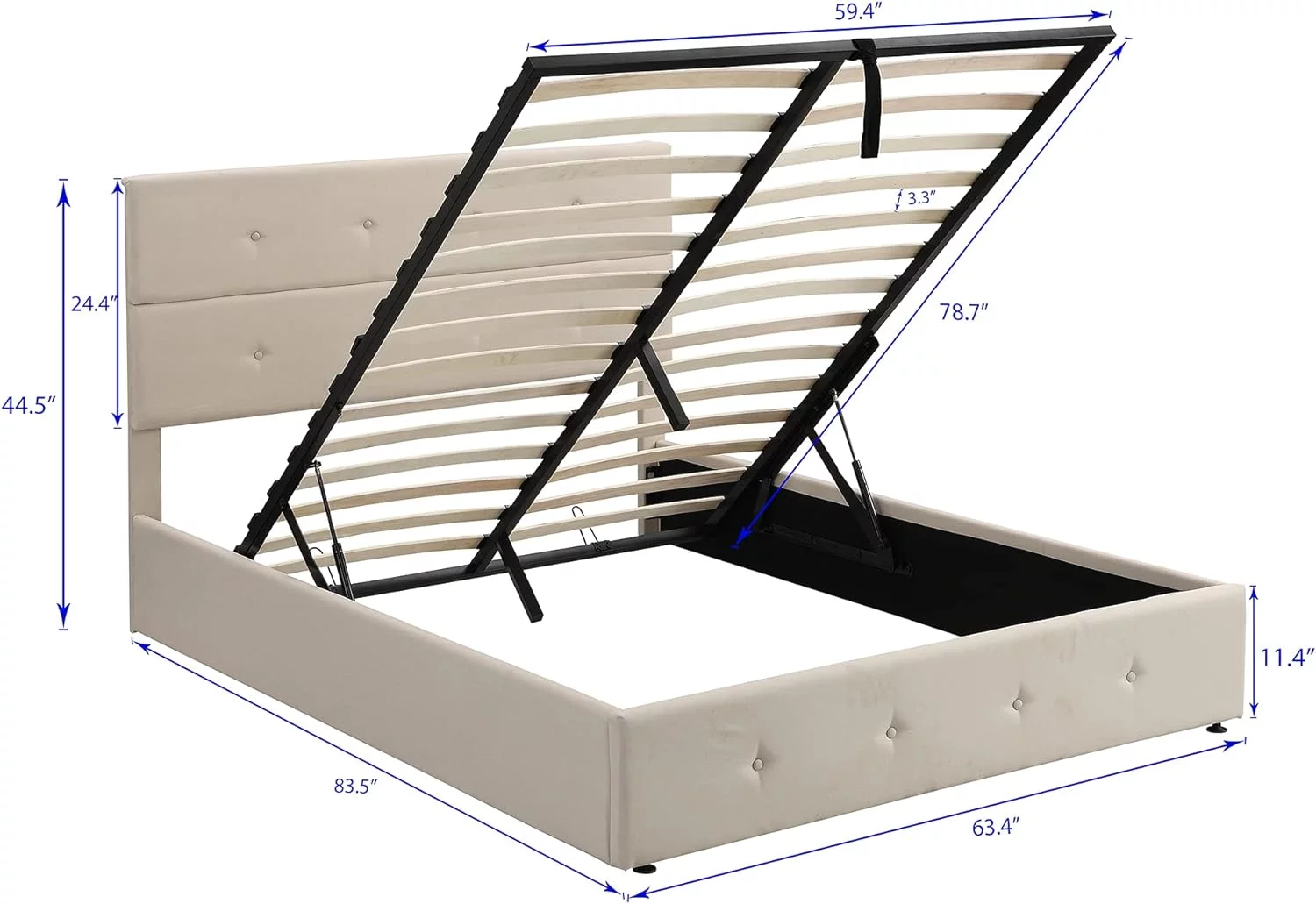 Quee Plaform Bed Wih Sorage Udereah, Upholsered Plaform Bed Wih Gas Lif Up Sorage, Meal Bed Frame Wih ufed Headboard(Beige, Buo-ufed)
