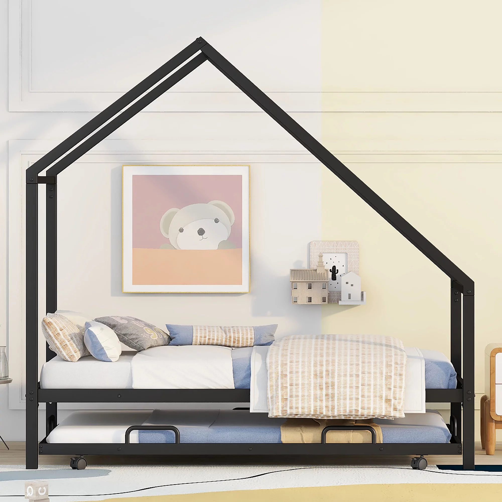 CoSoTower Metal House Bed with Trundle, Twin Size House Bed Black