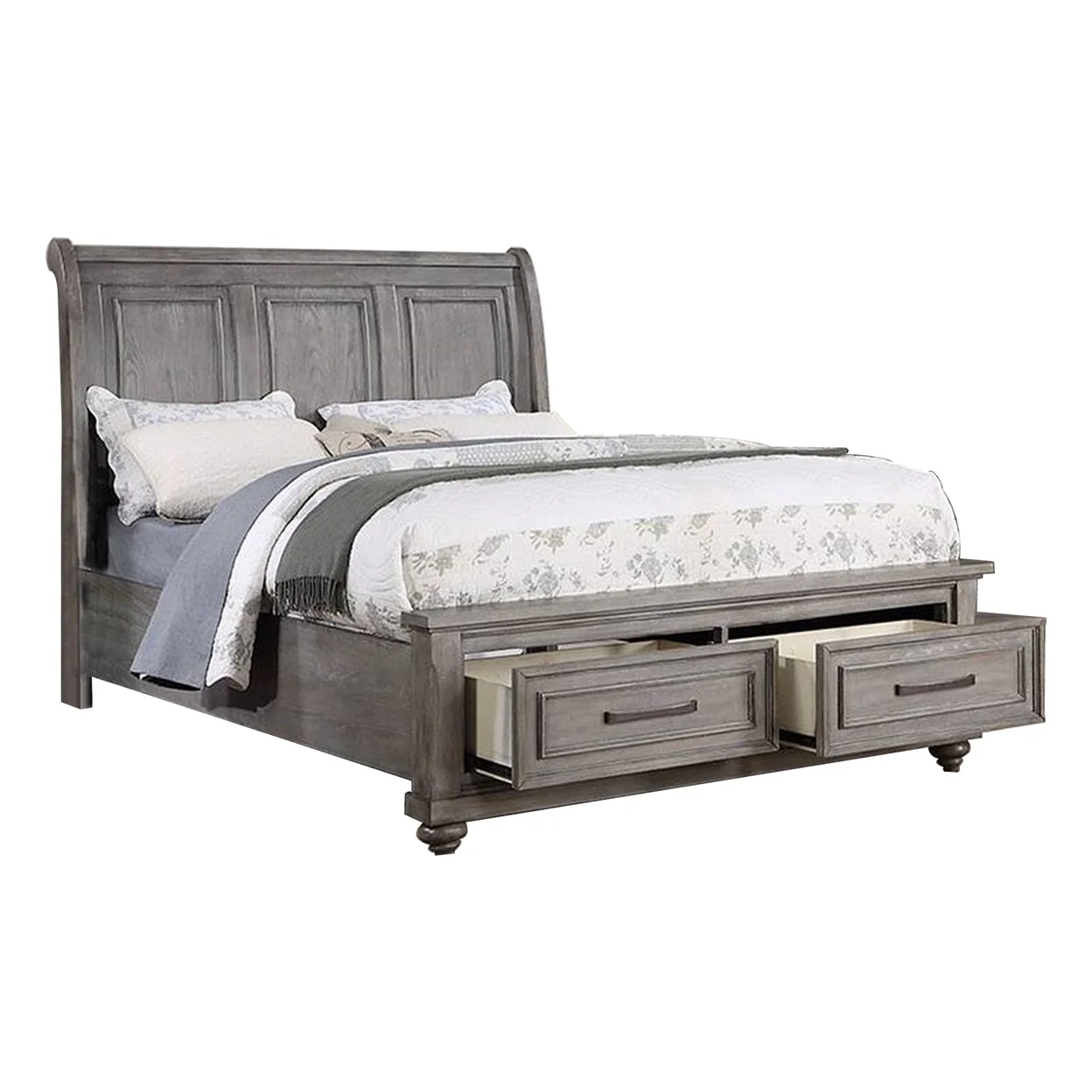 Demi Queen Size Bed Sleigh Headboard 2 Storage Drawers Oak Gray Wood- Saltoro Sherpi
