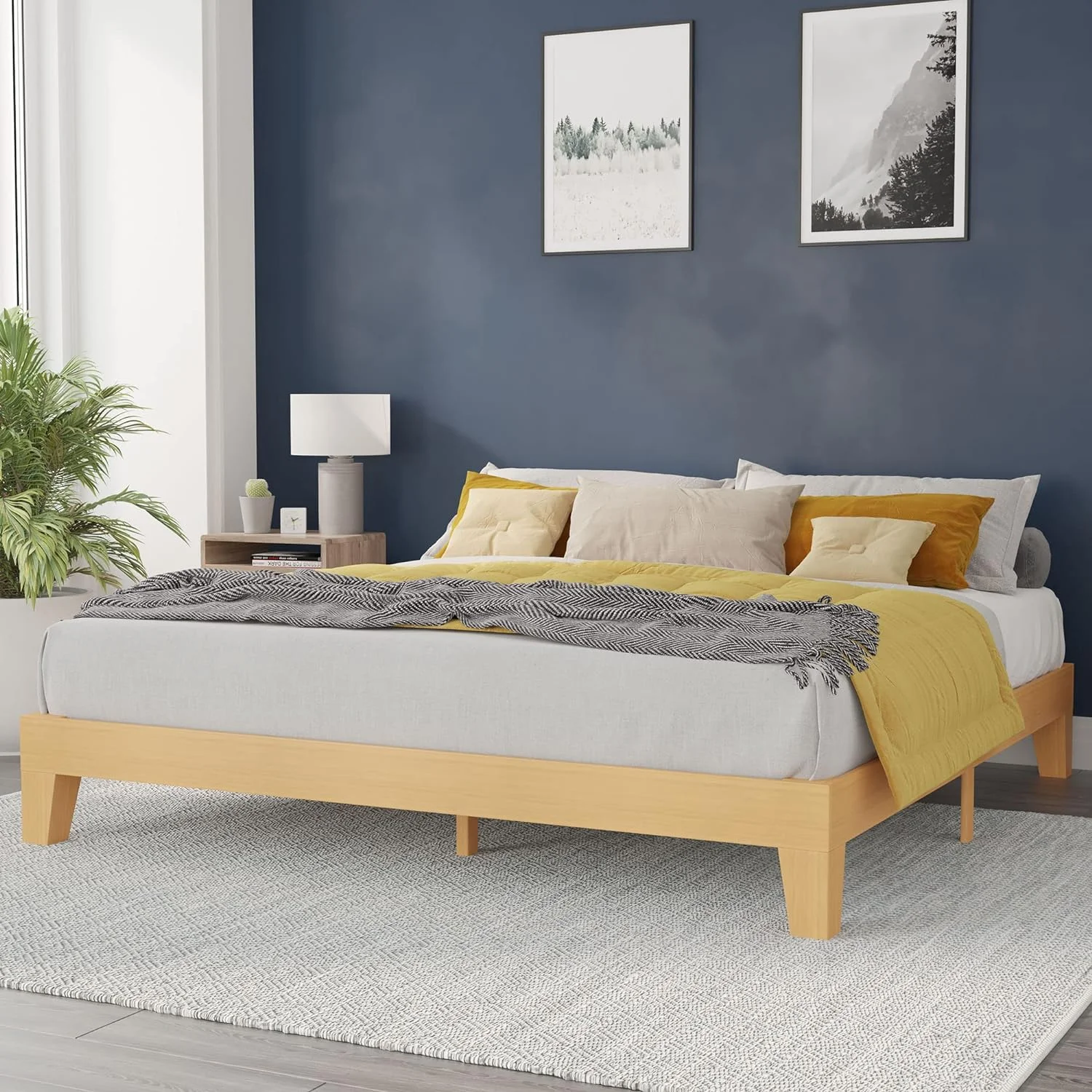 Evelyn Wooden Platform Bed - Natural Pine Finish - King - Wooden Slat Support - No Box Spring Required - Easy Assembly