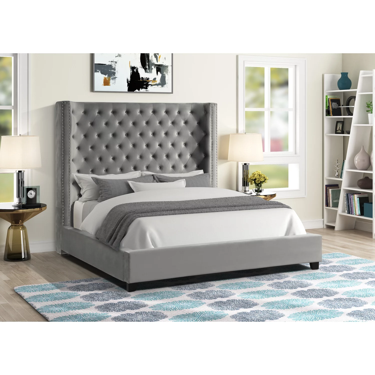 Yvonne Velvet Upholstered Queen Platform Bed in Gray