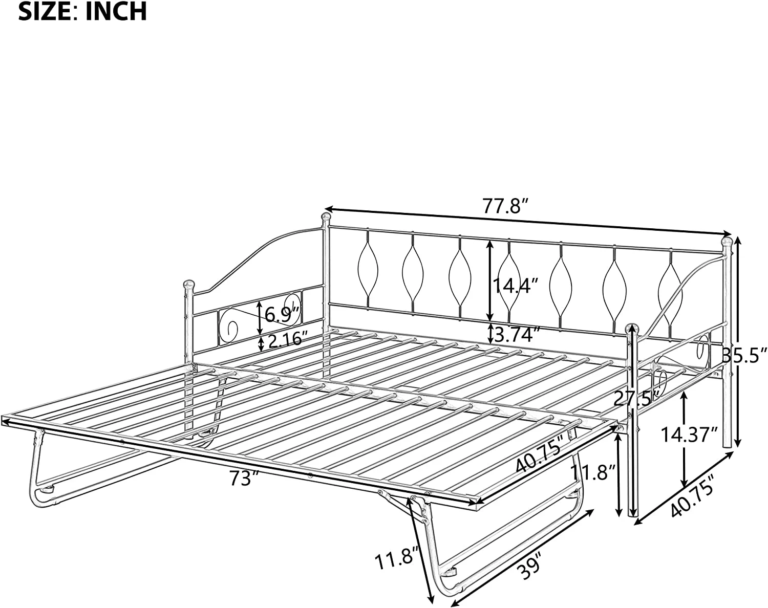 Metal Daybed With Adjustable Trundle Bed, Heavy-Duty Steel Daybed With Pull Down Trundle Bed Space Saving Design (Portable Folding Trundle, Black)
