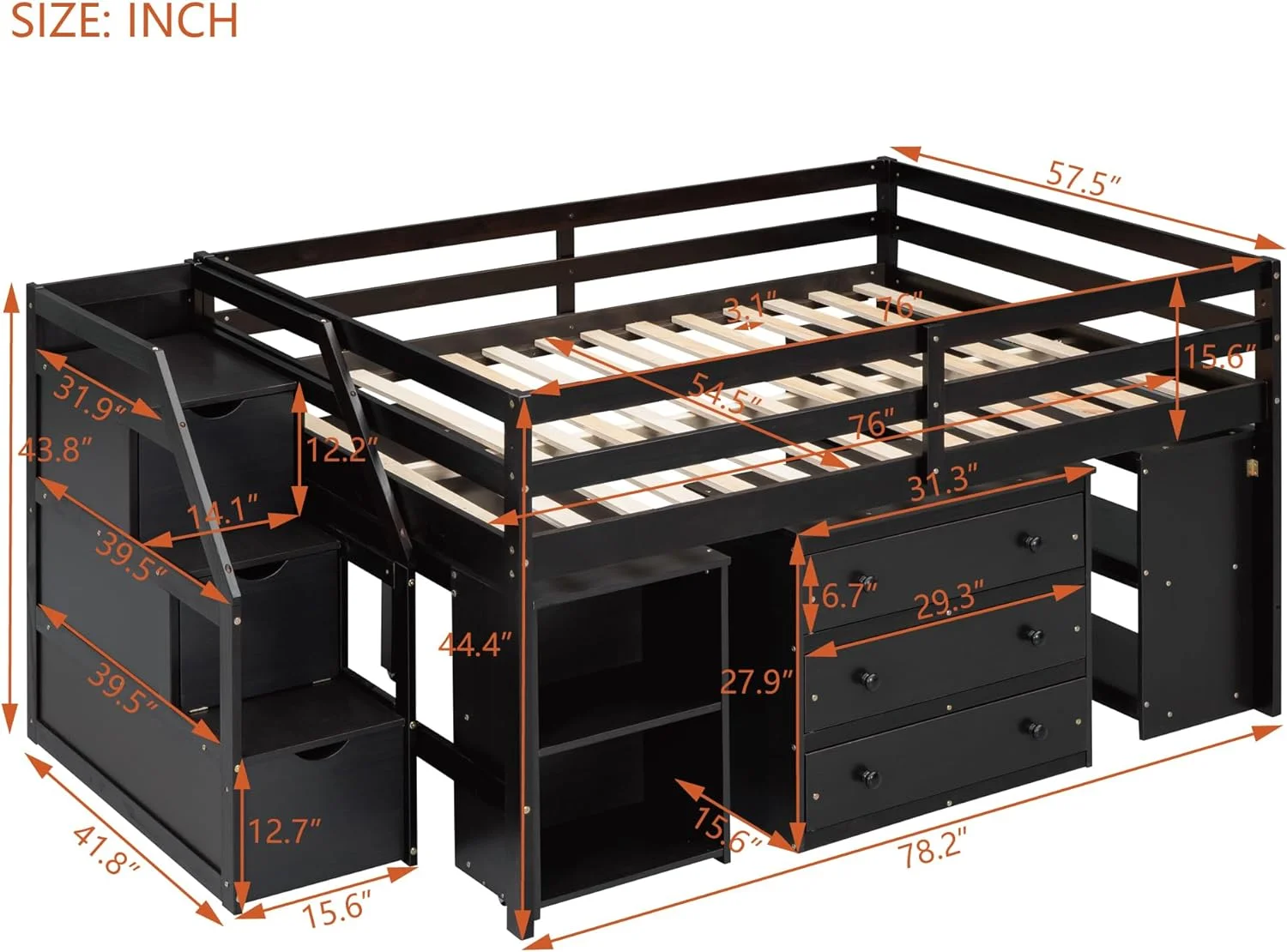 Full Size Low Loft Bed With Desk And 3 Drawers, Wood Kids Loft Bed With Storage Stairs And Shelves,Full Loft Bed Frame Ith Storage For Girls Boys (Full, Espresso)