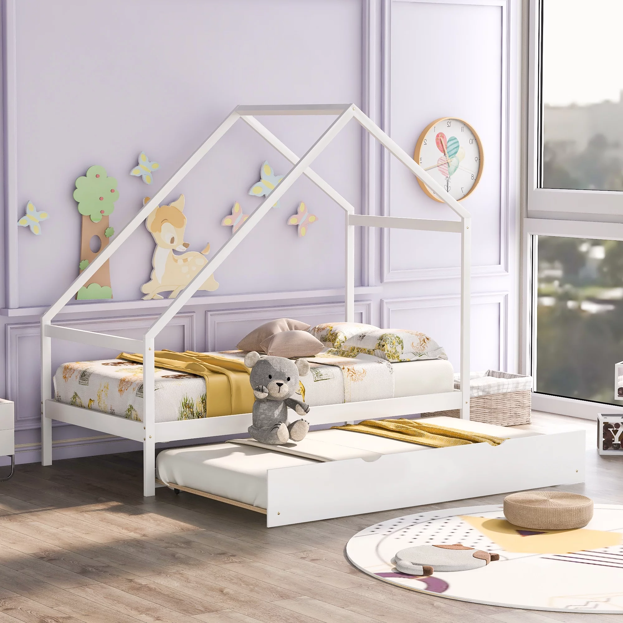CoSoTower Twin Size Wooden House Bed with Twin Size Trundle, White