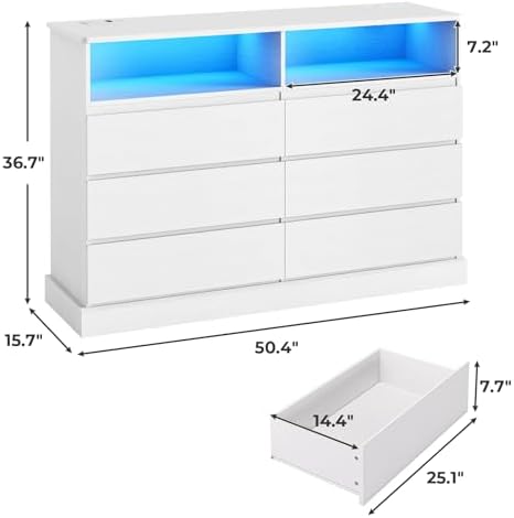 GEROBOOM Dresser for Bedroom with LED Lights and Charging Station  Black Dresser with No Handle Drawers  Modern Chest of Drawers  Dimensions 50.4''L x 15.7''D x 36.7'&