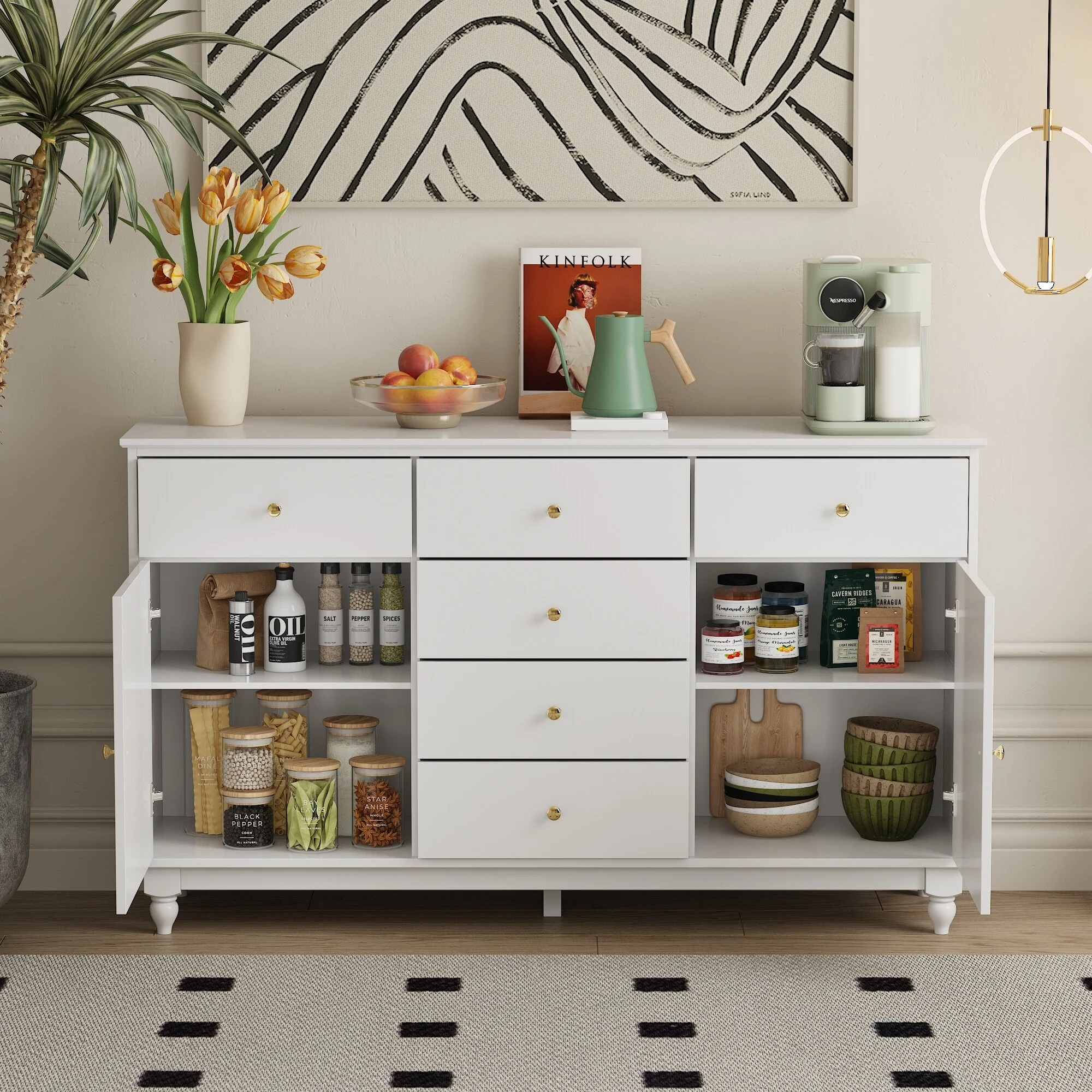 6 Drawer Buffet  Lacquer Sideboard Combo Dresser Kitchen Cabinet White