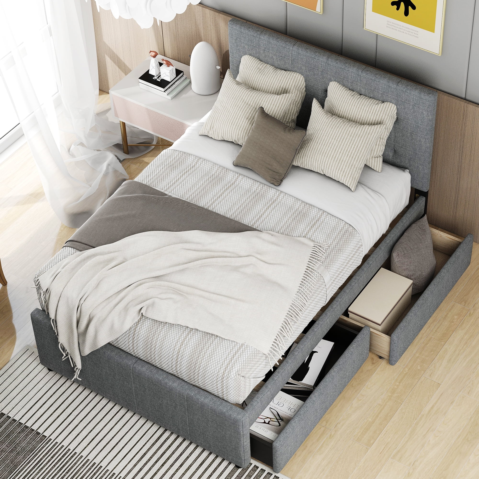 Euroco Upholstered Full Size Platform Bed with 2 Storage Drawers for Kids, Gray