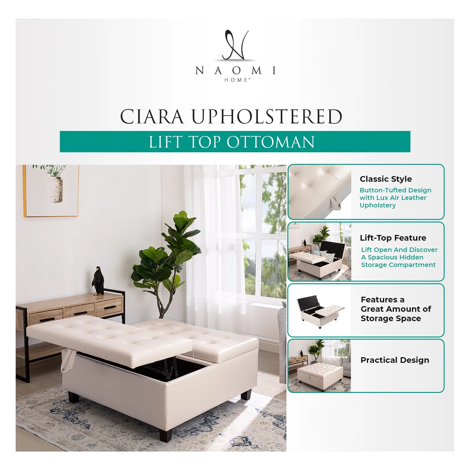 Naomi Home Upholstered Lift Top Ottoman - Espresso