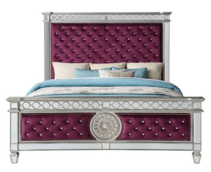 Burgundy Velvet & Mirrored Eastern King Bed Bedroom Set Acme Varian 27367EK-3pcs