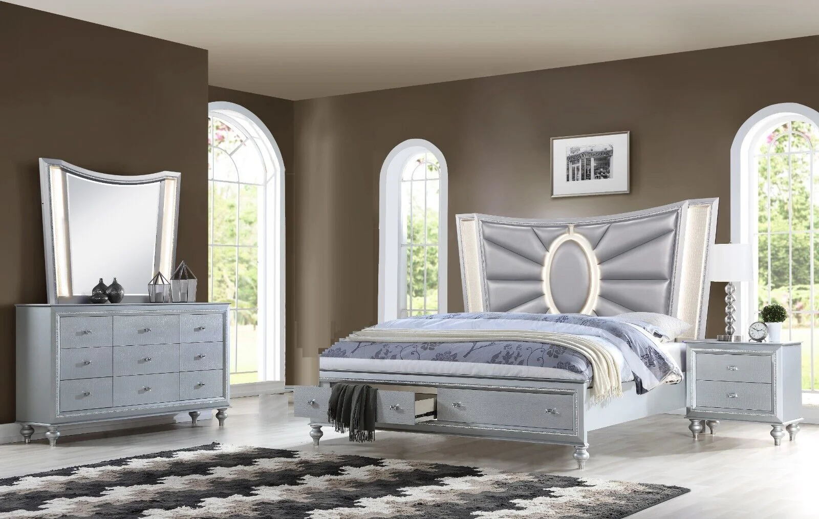 4pc Luxury Silver Queen Size Storage LED Headboard Bed Dresser Mirror Nightstand Bedroom Furniture