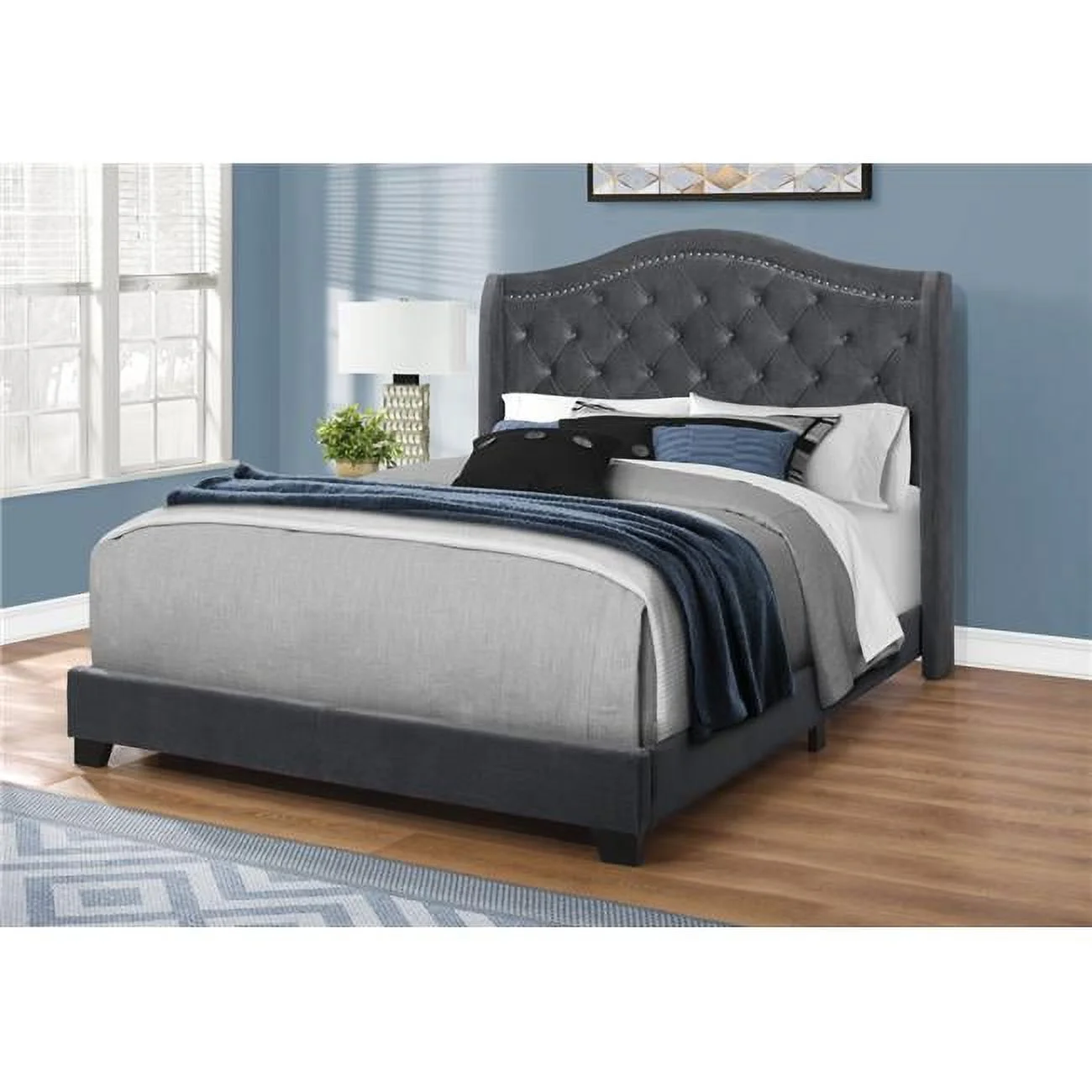 Dark Grey Velvet Chrome Trim Queen Size Bed