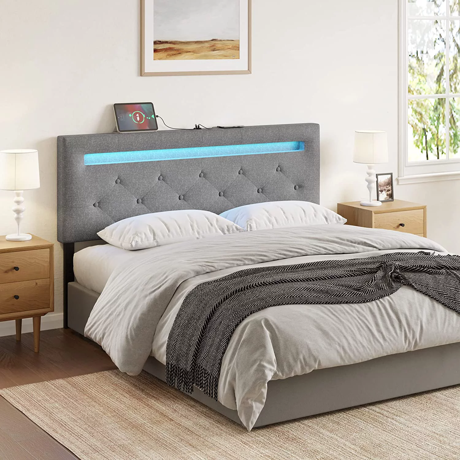 Headboards for Queen Size Bed with LED Light & USB Post Upholstered Queen Headboard with Adjustable Height Linen Fabric Padded Headboard for Queen Size Bed Mordern Head Board for Bedroom