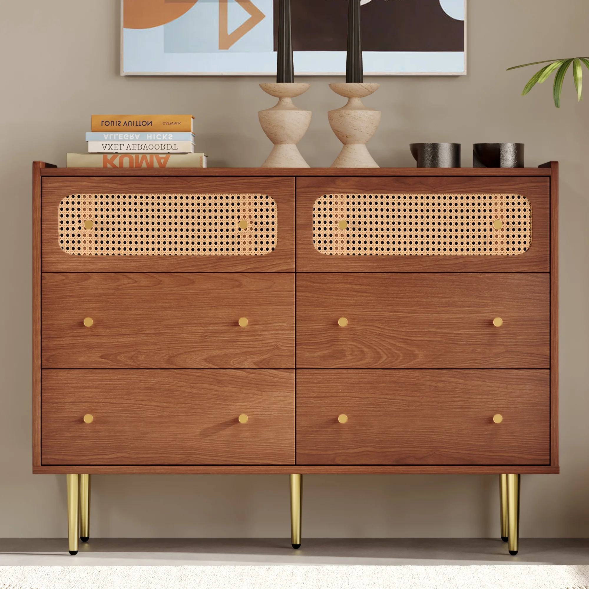 Glavbiku Modern Rattan Dresser for Bedroom with 6 Drawers,Wood Storage Cabinet,Natural Cherry,Adult