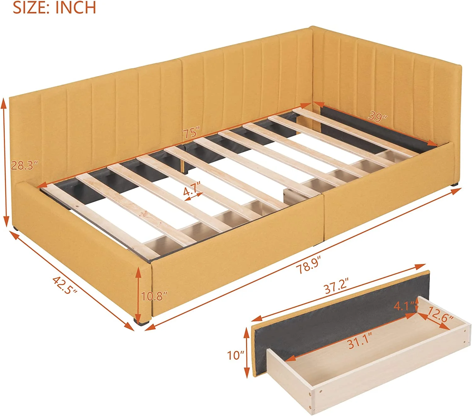 Upholstered Daybed With 2 Storage Drawers, Size Daybed With Wood Slats, Linen Fabric Sofa Bed Frame For Living Room Bedroom (, Yellow)