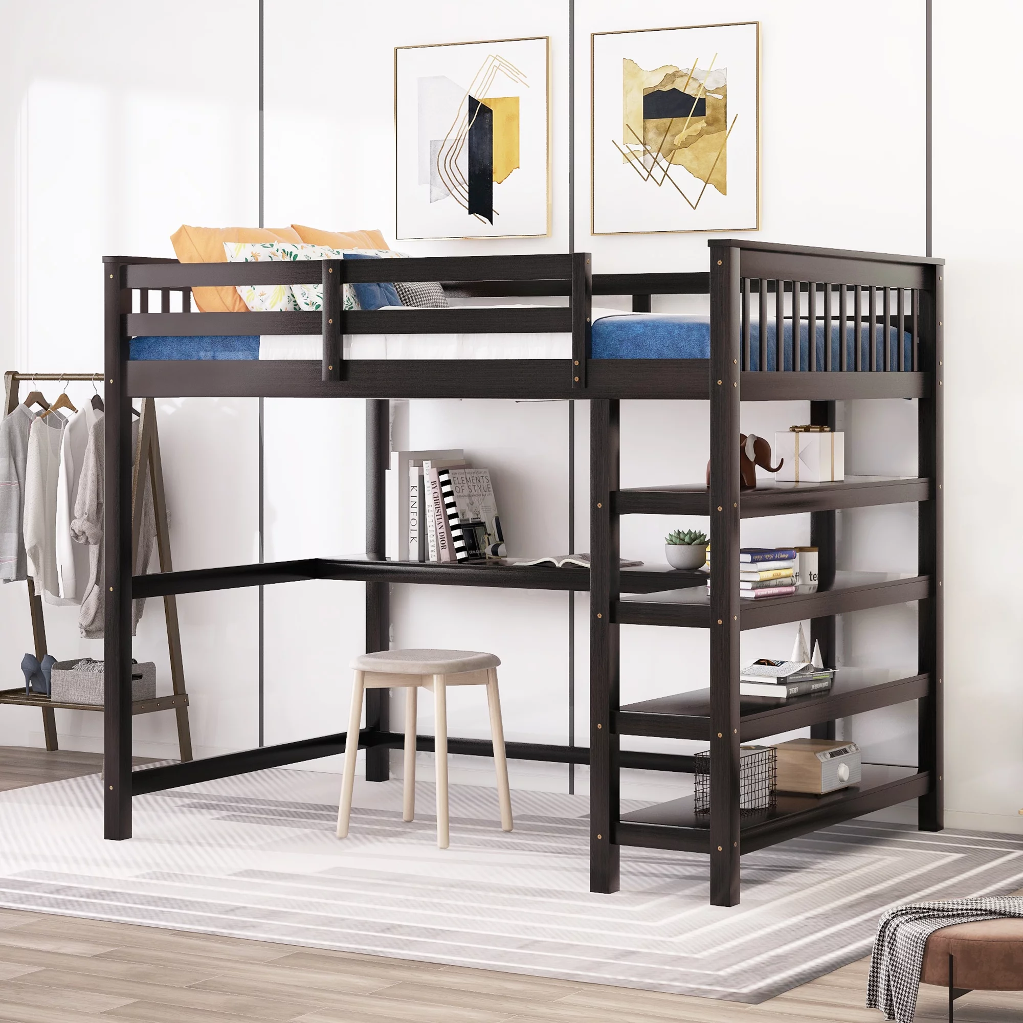 Euroco Solid Wood Full Loft Bed with Desk and 4-Tier Storage Shelves for Kids Bedrrom, Espresso