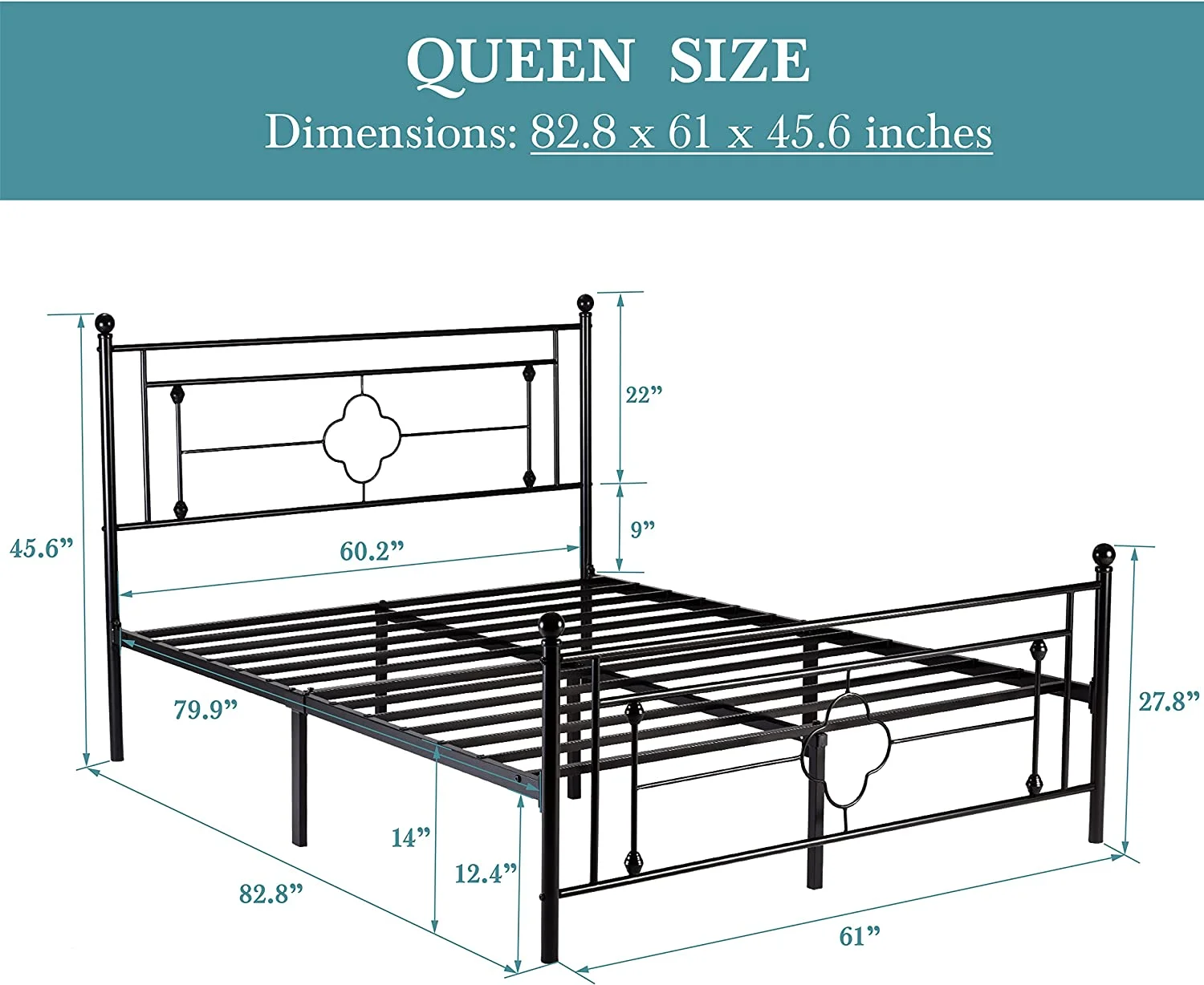 Size Metal Platform Bed Frame with Vintage Headboard and Footboard / 14 Inches Mattress Foundation for Storage/No Box Spring Needed/Easy Assembly