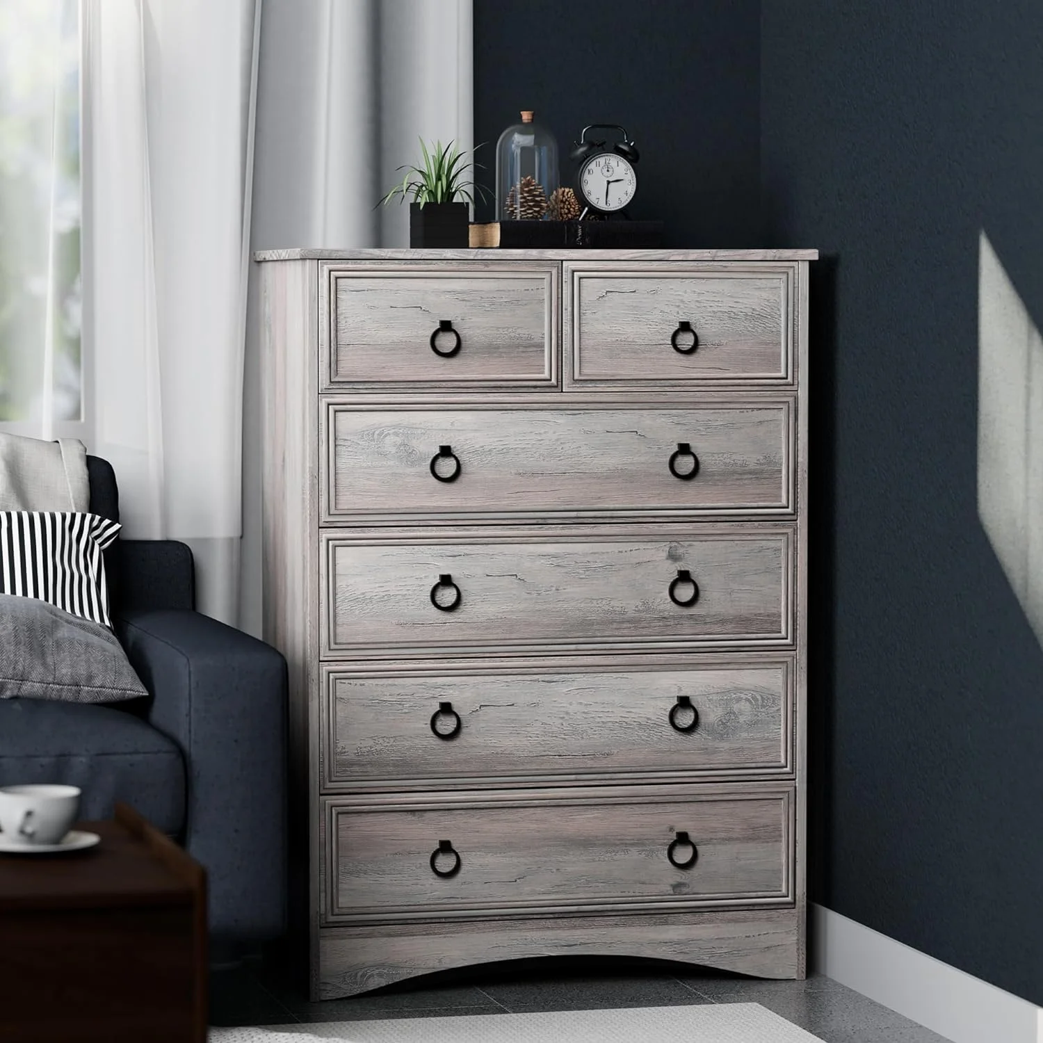 TJUNBOLIFE Tall Dresser Grey for Bedroom Wood 6 Chest Drawers 6 Drawer Dresser for Clothes Narrow Large Drawers Vintage for Living Room Bedroom Hallway