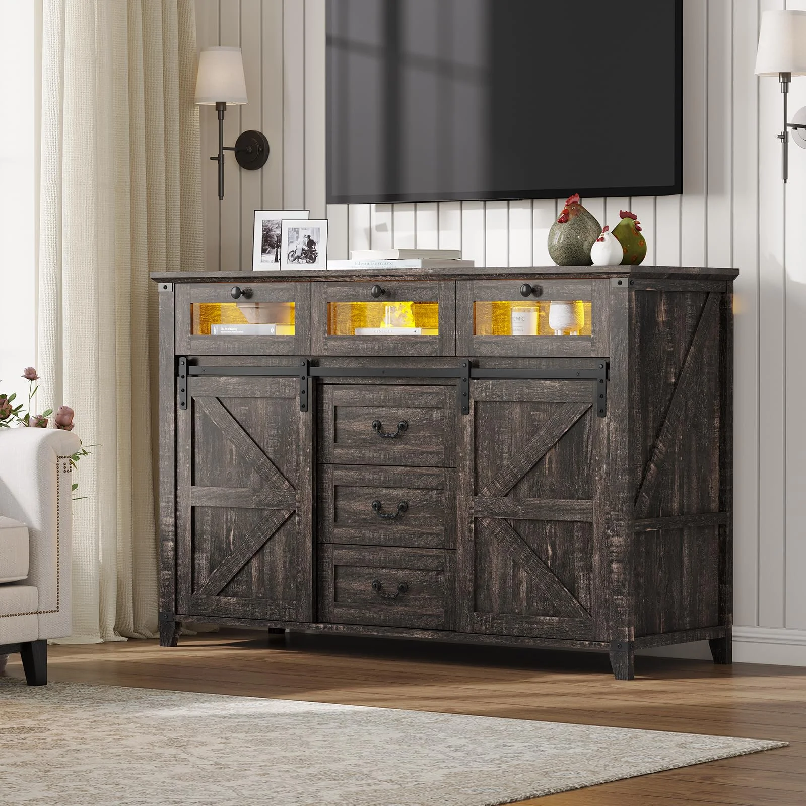 Wide Farmhouse 6 Drawers Dresser with Barn Door and LED Lights, Chest of Drawers for Bedroom, Living Room, Dark Rustic Oak