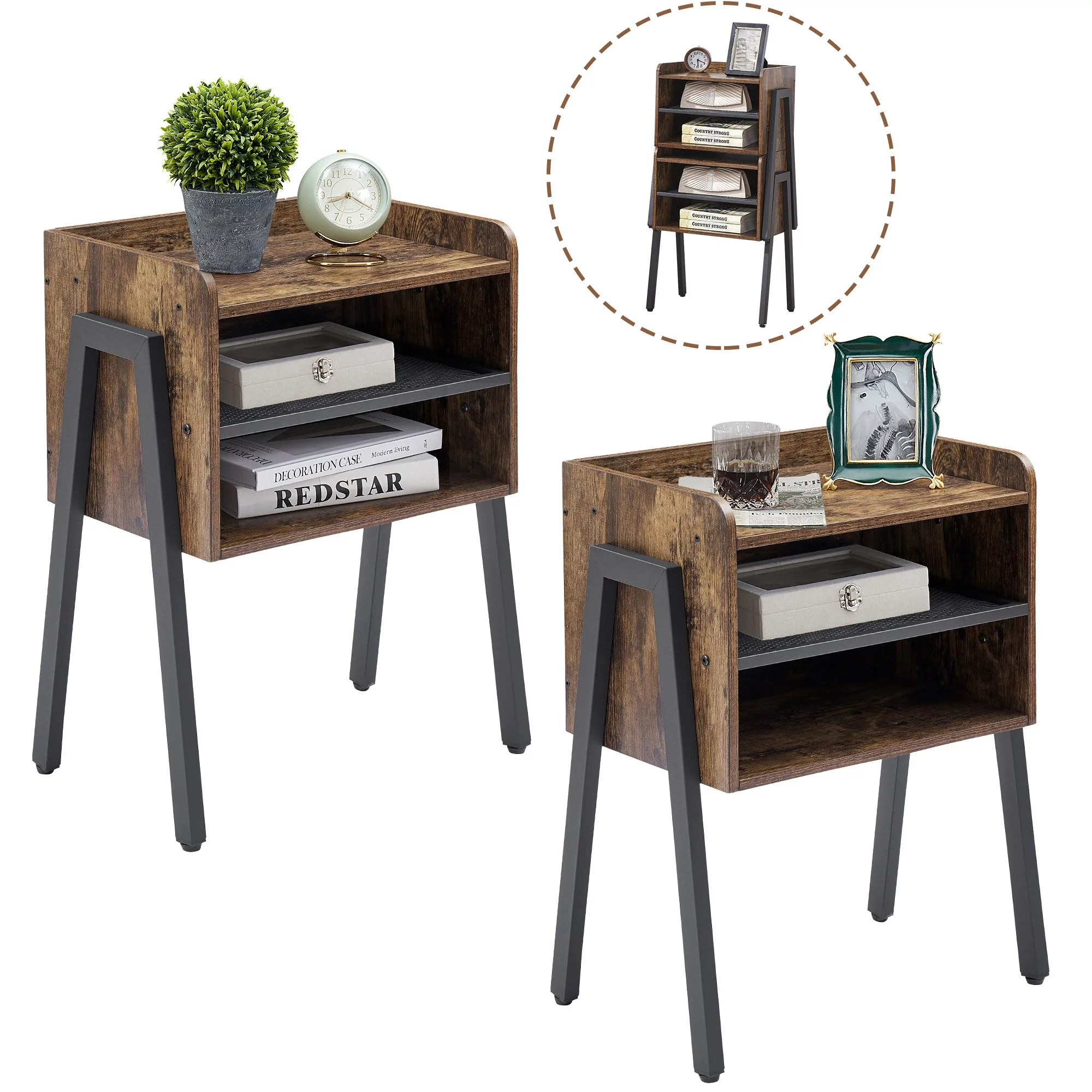 VECELO 3-piece Bedroom Set, Queen Metal Platform Bed Frame and 2 Stackable Nightstand