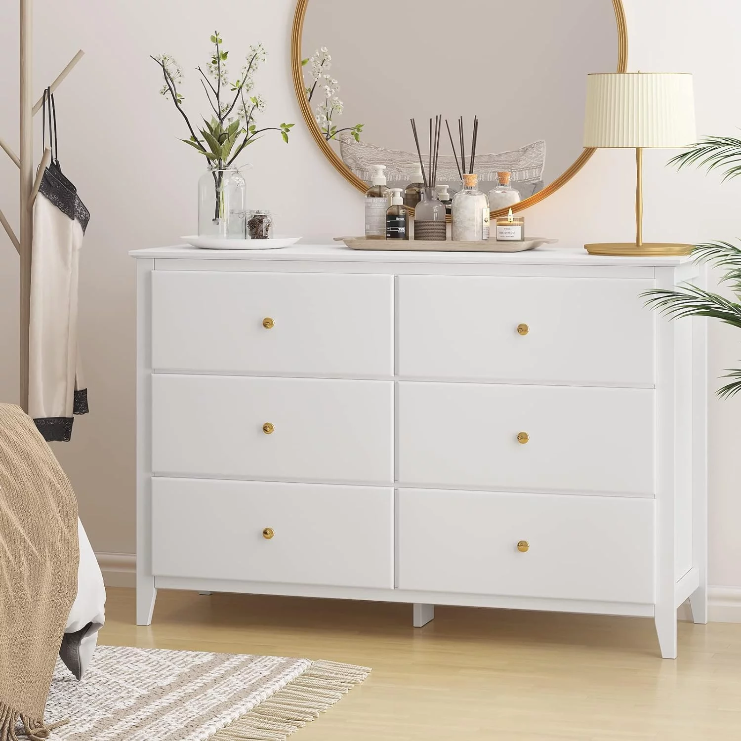 SEJOV White Double Dresser with 6 Drawer, Modern Chest of Drawers for Bedroom, Nursery, Kids, Wood Storage Organizer Cabinet for Clothing